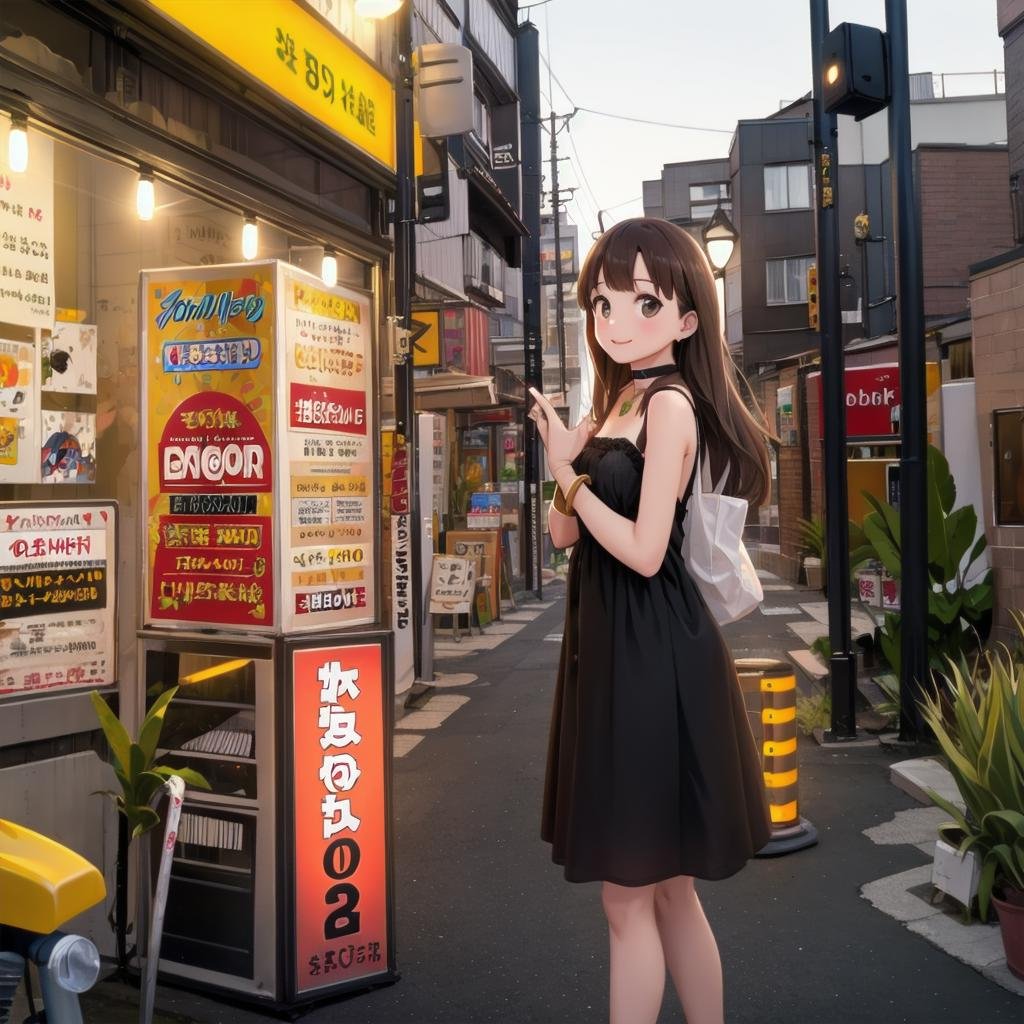 best quality, ultra-detailed, illustration,fuzoku, storefront, scenery, outdoors, power lines, road, utility pole, sign, building, city, sky, street, poster (object), cityscape, shop, real world location, plant, day, lamppost, night,1girl, solo, jewelry, long hair, necklace, smile, brown hair, looking at viewer, black dress, sleeveless dress, bracelet, choker,<lora:fuzokugai_SD15_V2:0.8>