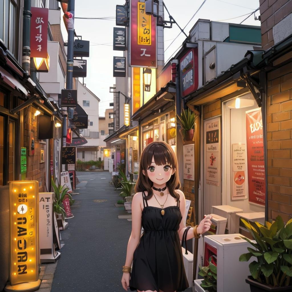 best quality, ultra-detailed, illustration,fuzoku, storefront, scenery, outdoors, power lines, road, utility pole, sign, building, city, sky, street, poster (object), cityscape, shop, real world location, plant, day, lamppost, night,1girl, solo, jewelry, long hair, necklace, smile, brown hair, looking at viewer, black dress, sleeveless dress, bracelet, choker,<lora:fuzokugai_SD15_V2:0.8>