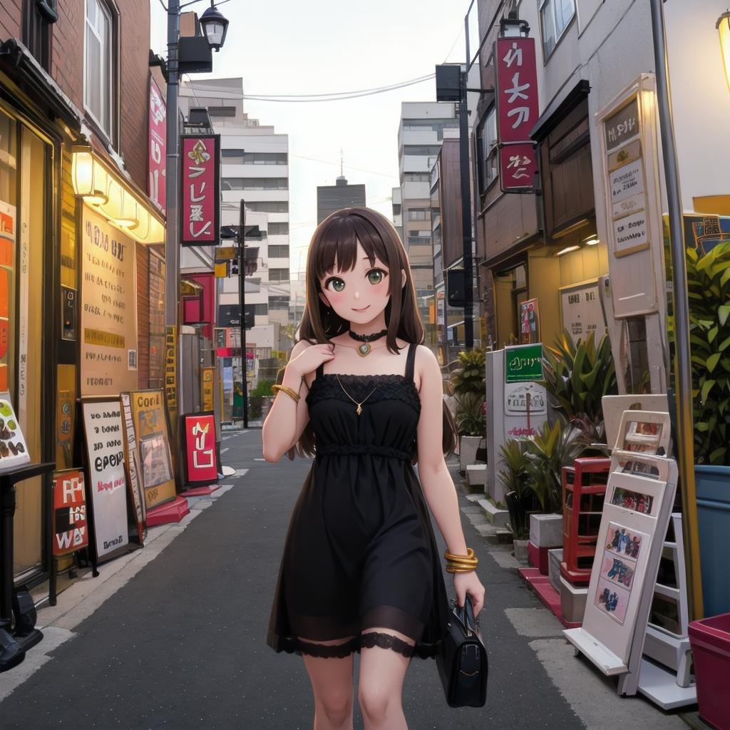 best quality, ultra-detailed, illustration,fuzoku, storefront, scenery, outdoors, power lines, road, utility pole, sign, building, city, sky, street, poster (object), cityscape, shop, real world location, plant, day, lamppost, night,1girl, solo, jewelry, long hair, necklace, smile, brown hair, looking at viewer, black dress, sleeveless dress, bracelet, choker,<lora:fuzokugai_SD15_V2:0.8>