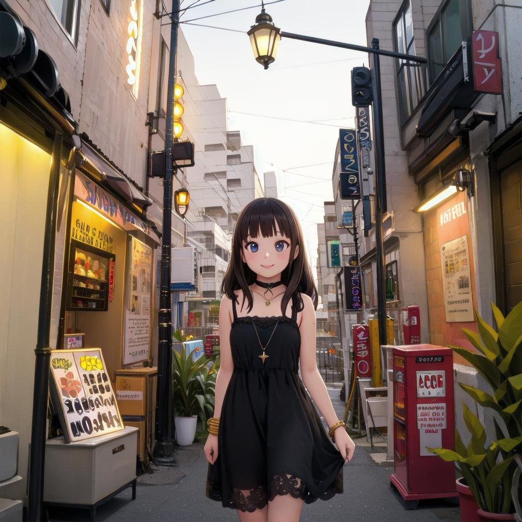 best quality, ultra-detailed, illustration,fuzoku, storefront, scenery, outdoors, power lines, road, utility pole, sign, building, city, sky, street, poster (object), cityscape, shop, real world location, plant, day, lamppost, night,1girl, solo, dress, jewelry, long hair, necklace, smile, black hair, looking at viewer, black dress, sleeveless dress, bracelet, choker,<lora:fuzokugai_SD15_V2:0.8>