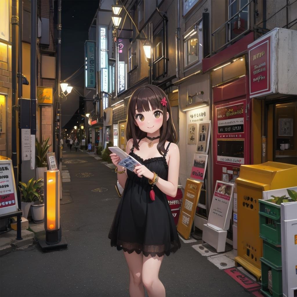 best quality, ultra-detailed, illustration,fuzoku, storefront, scenery, outdoors, power lines, road, utility pole, sign, building, city, sky, street, poster (object), cityscape, shop, real world location, plant, day, lamppost, night,1girl, solo, jewelry, long hair, necklace, smile, brown hair, looking at viewer, black dress, sleeveless dress, bracelet, choker,<lora:fuzokugai_SD15_V2:0.8>