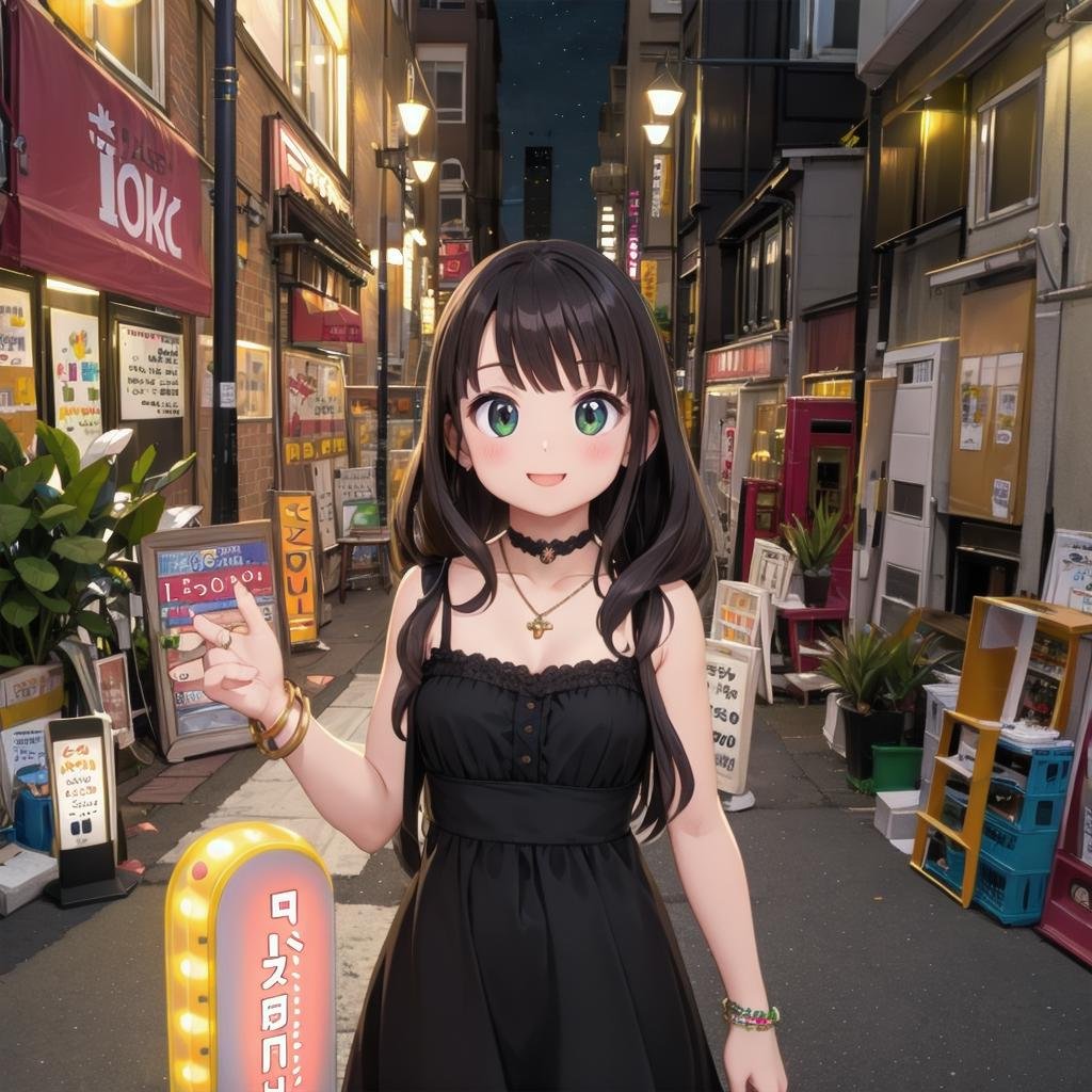 best quality, ultra-detailed, illustration,fuzoku, storefront, scenery, outdoors, power lines, road, utility pole, sign, building, city, sky, street, poster (object), cityscape, shop, real world location, plant, day, lamppost, night,1girl, solo, dress, jewelry, long hair, necklace, smile, black hair, looking at viewer, black dress, sleeveless dress, bracelet, choker,<lora:fuzokugai_SD15_V2:0.8>