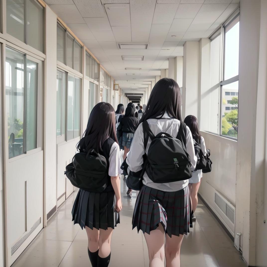 best quality, ultra-detailed, illustration,rouka, school, multiple girls, school uniform, skirt, window, hallway, indoors, black hair, 2girls, scenery, from behind, multiple boys, tree, vest, plaid, sunlight, sweater vest, plaid skirt, 3girls, 1boy, realistic, photo background, photo (medium), photorealistic <lora:rouka_school_SD15_V4:1>