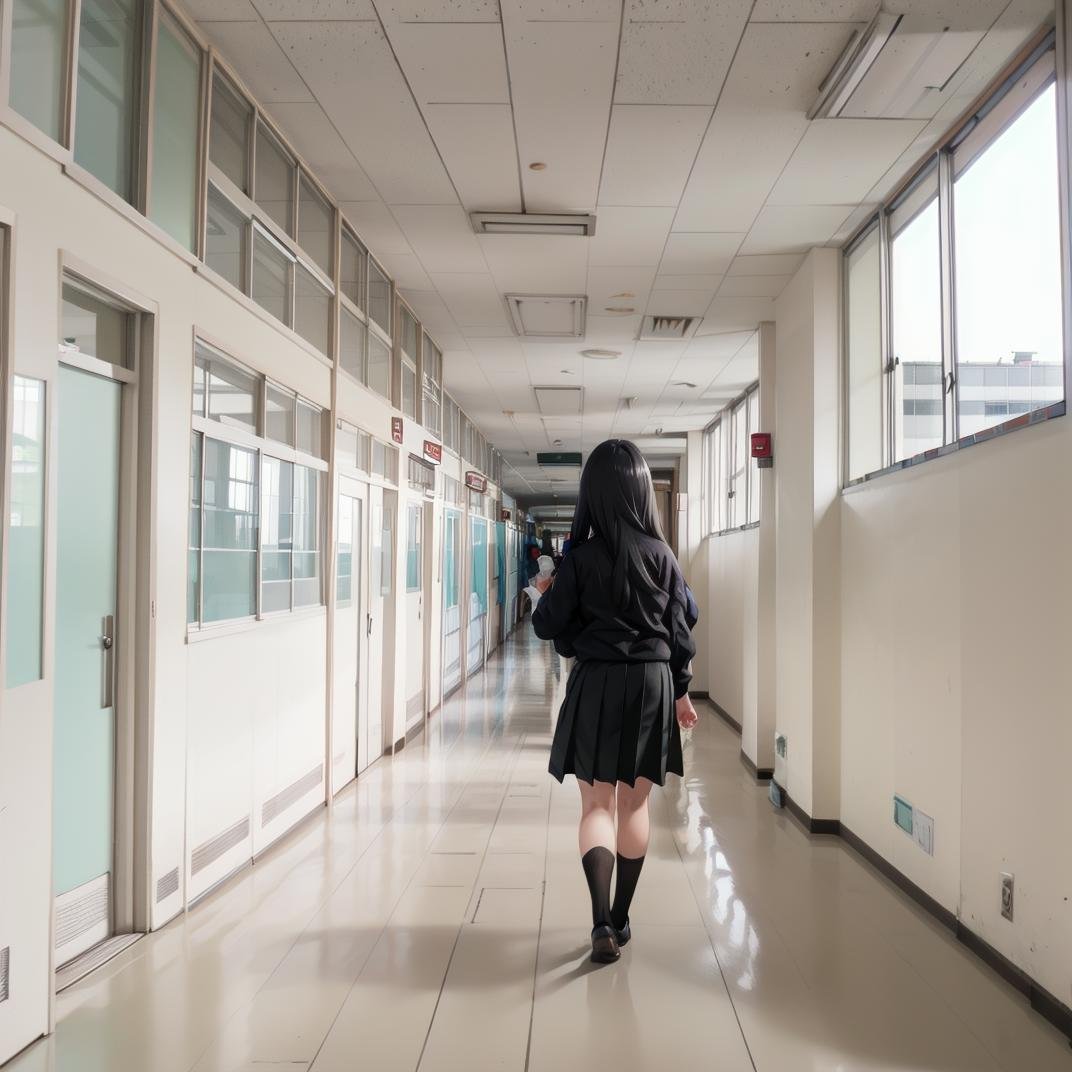 best quality, ultra-detailed, illustration,rouka, scenery, hallway, window, school, door, indoors, sunlight, ceiling light, shadow, stairs, reflective floor, light, building, day, bulletin board, 1girl, glasses, black hair, long hair, black eyes, school uniform, blush, looking at viewer, standing, <lora:rouka_school_SD15_V4:1>