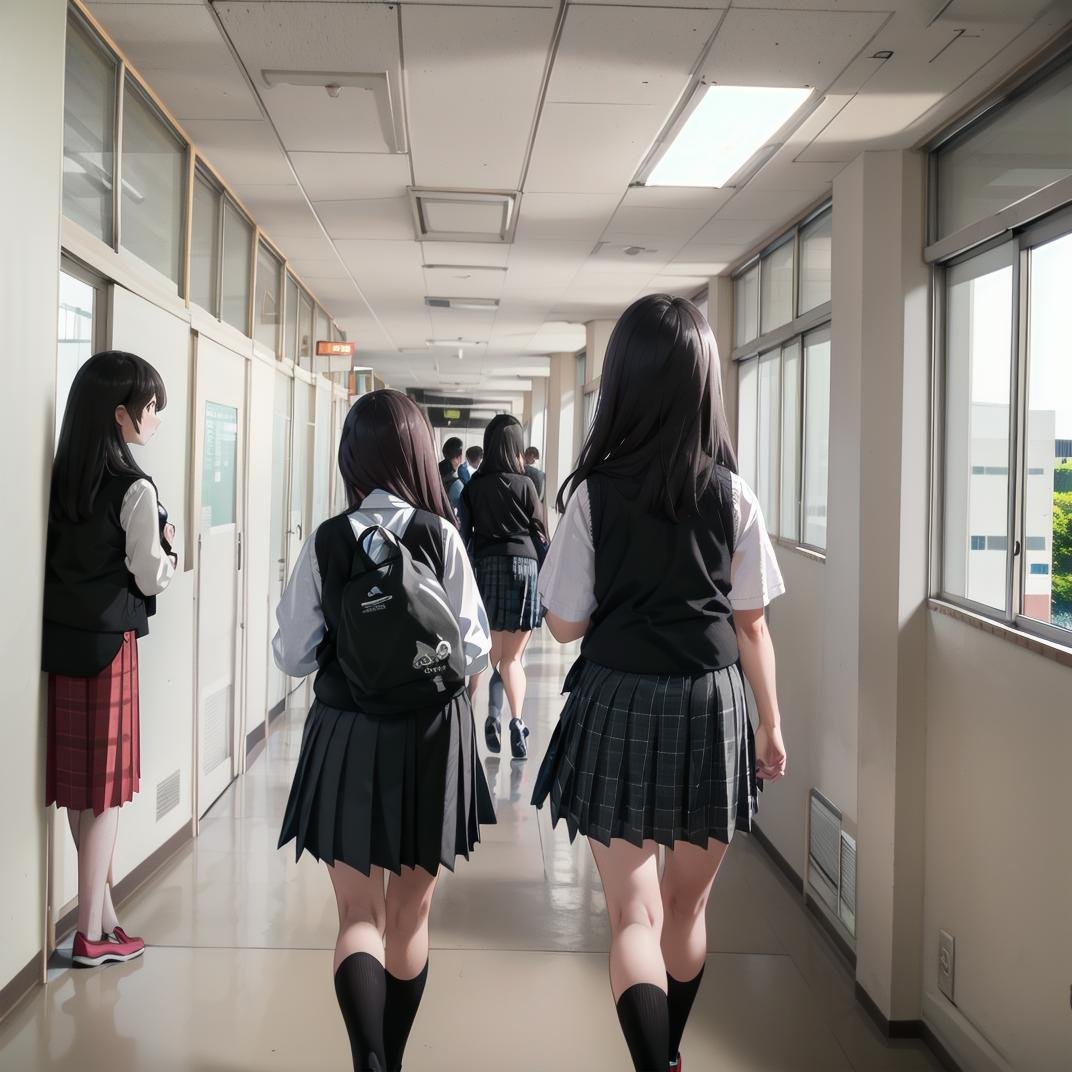 best quality, ultra-detailed, illustration,rouka, school, multiple girls, school uniform, skirt, window, hallway, indoors, black hair, 2girls, scenery, from behind, multiple boys, tree, vest, plaid, sunlight, sweater vest, plaid skirt, 3girls, 1boy, realistic, photo background, photo (medium), photorealistic <lora:rouka_school_SD15_V4:1>