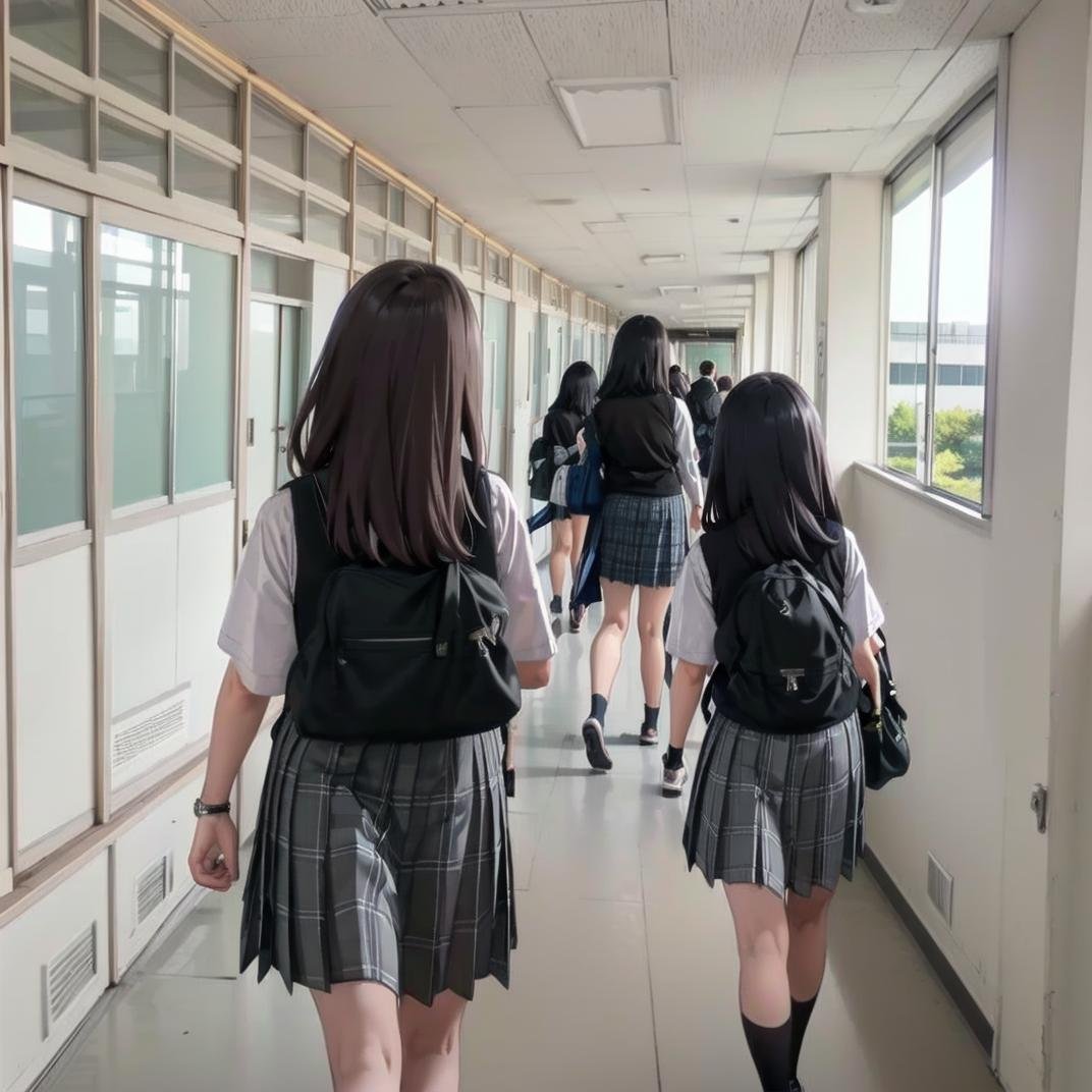 best quality, ultra-detailed, illustration,rouka, school, multiple girls, school uniform, skirt, window, hallway, indoors, black hair, 2girls, scenery, from behind, multiple boys, tree, vest, plaid, sunlight, sweater vest, plaid skirt, 3girls, 1boy, realistic, photo background, photo (medium), photorealistic <lora:rouka_school_SD15_V4:1>