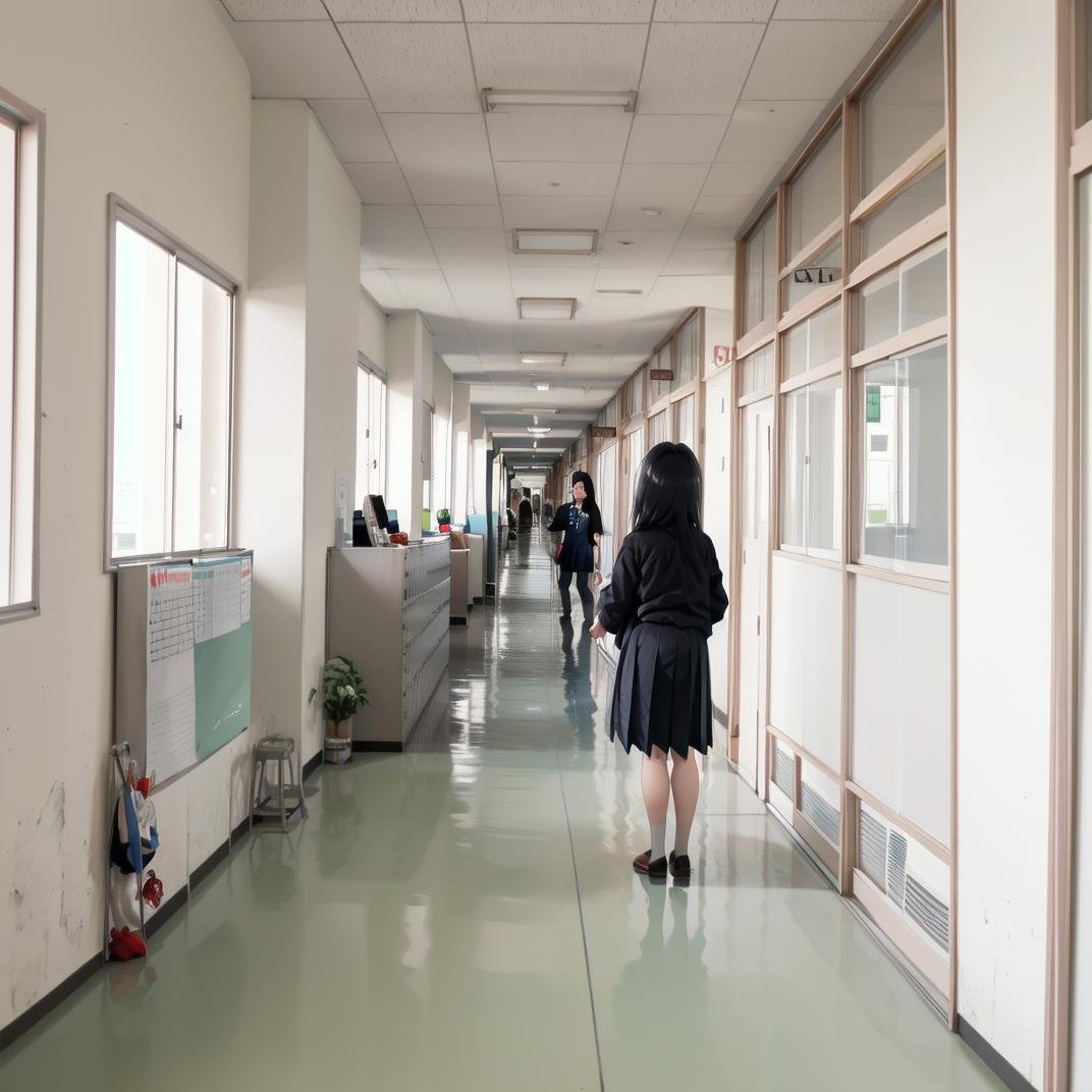 best quality, ultra-detailed, illustration,rouka, scenery, hallway, window, school, door, indoors, sunlight, ceiling light, shadow, stairs, reflective floor, light, building, day, bulletin board, 1girl, glasses, black hair, long hair, black eyes, school uniform, blush, looking at viewer, standing, <lora:rouka_school_SD15_V4:1>