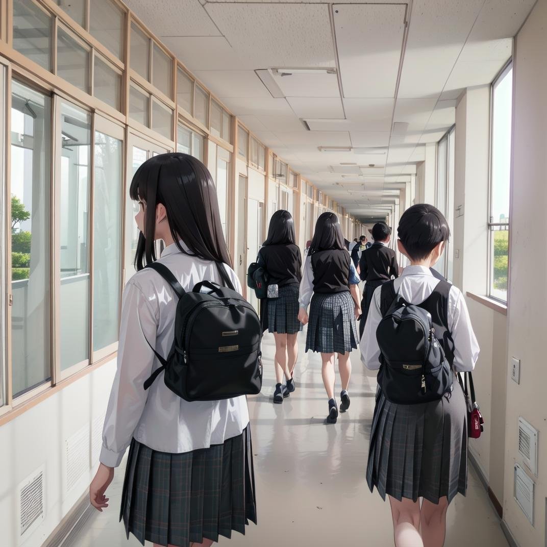 best quality, ultra-detailed, illustration,rouka, school, multiple girls, school uniform, skirt, window, hallway, indoors, black hair, 2girls, scenery, from behind, multiple boys, tree, vest, plaid, sunlight, sweater vest, plaid skirt, 3girls, 1boy, realistic, photo background, photo (medium), photorealistic <lora:rouka_school_SD15_V4:1>