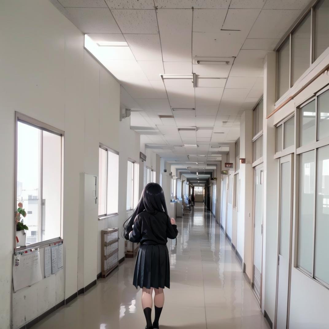 best quality, ultra-detailed, illustration,rouka, scenery, hallway, window, school, door, indoors, sunlight, ceiling light, shadow, stairs, reflective floor, light, building, day, bulletin board, 1girl, glasses, black hair, long hair, black eyes, school uniform, blush, looking at viewer, standing, <lora:rouka_school_SD15_V4:1>