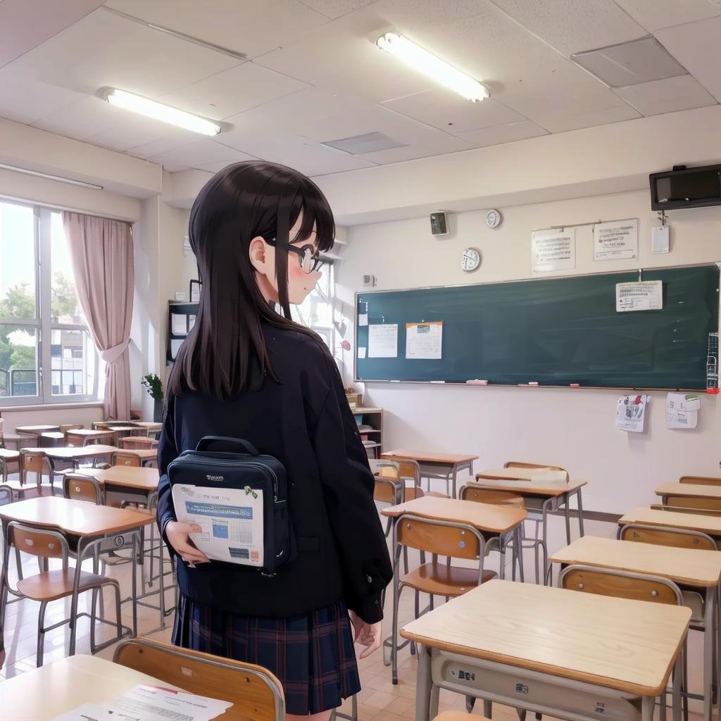 best quality, ultra-detailed, illustration,kyoshitsu, classroom, scenery, chalkboard, window, school, indoors, clock, sunlight, school desk, bulletin board, shade, curtains, school chair, ceiling light, shadow, artist name, book, ceiling, day, paper, from behind,1girl, glasses, black hair, long hair, black eyes, school uniform, blush, looking at viewer, standing, <lora:kyoshitsu_SD15_V3:0.8>