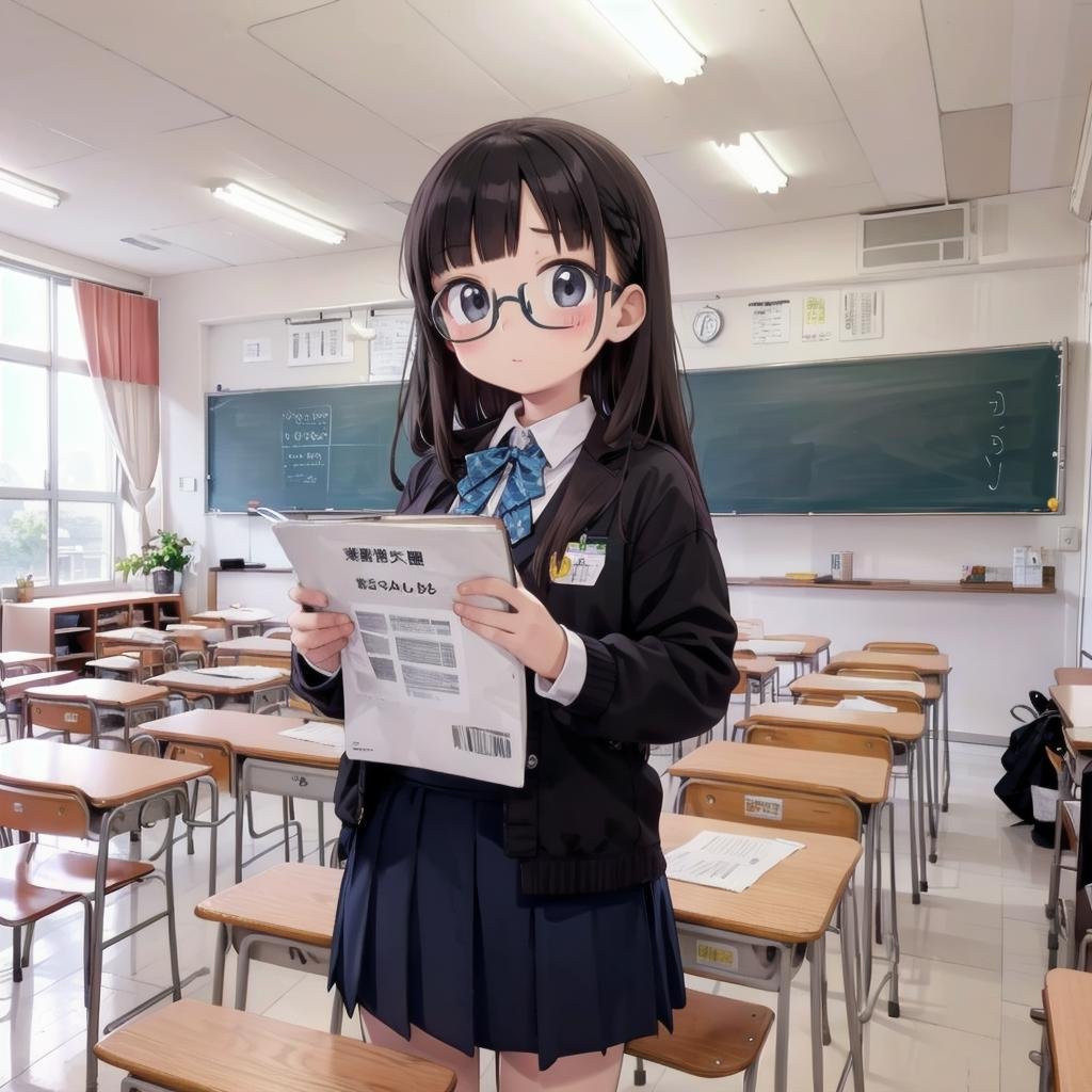 best quality, ultra-detailed, illustration,kyoshitsu, classroom, scenery, chalkboard, window, school, indoors, clock, sunlight, school desk, bulletin board, shade, curtains, school chair, ceiling light, shadow, artist name, book, ceiling, day, paper, ,1girl, glasses, black hair, long hair, black eyes, school uniform, blush, looking at viewer, standing, <lora:kyoshitsu_SD15_V3:0.8>