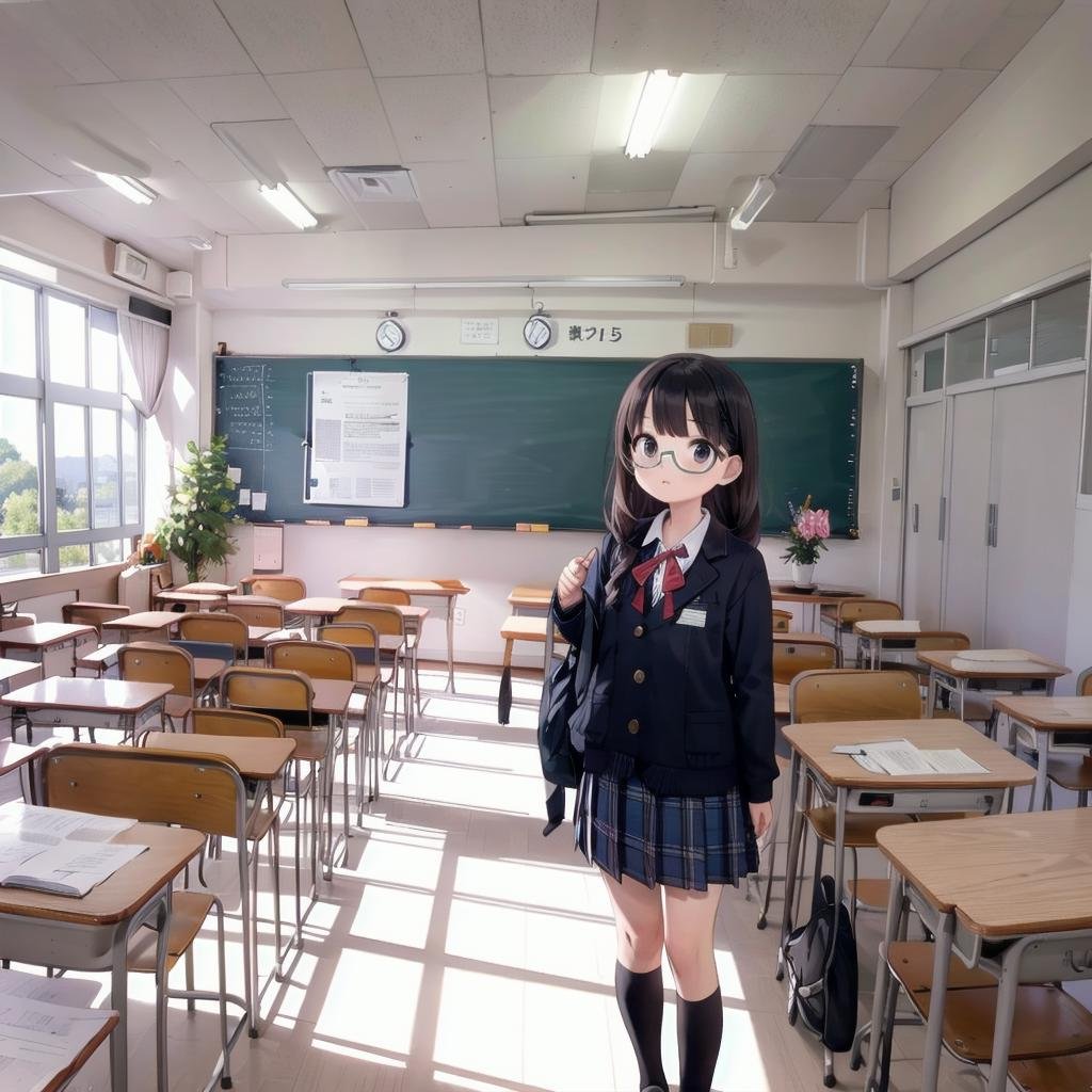 best quality, ultra-detailed, illustration,,1girl, glasses, black hair, long hair, black eyes, school uniform, blush, looking at viewer, standing,kyoshitsu, classroom, scenery, chalkboard, window, school, indoors, clock, sunlight, school desk, bulletin board, shade, curtains, school chair, ceiling light, shadow, artist name, book, ceiling, day, paper,  <lora:kyoshitsu_SD15_V3:0.8>