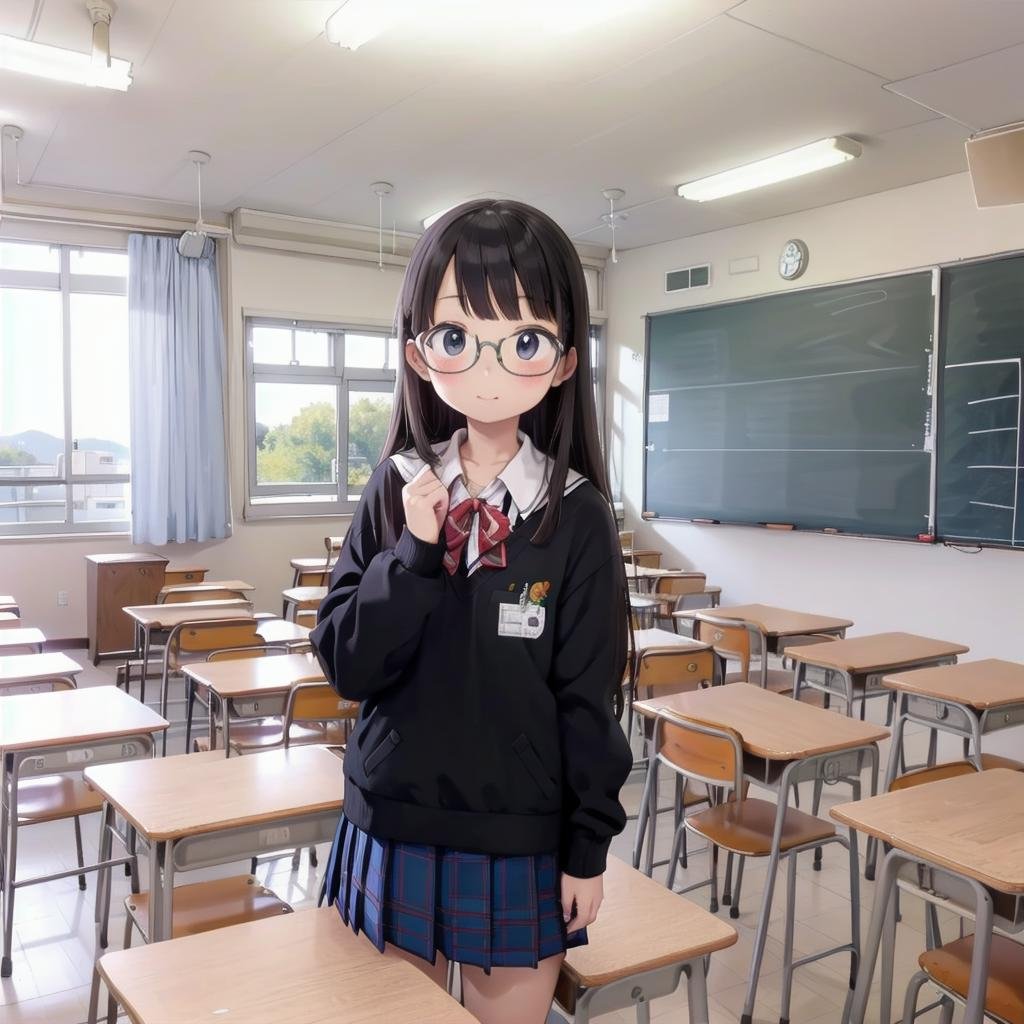 best quality, ultra-detailed, illustration,kyoshitsu, classroom, scenery, chalkboard, window, school, indoors, clock, sunlight, school desk, bulletin board, shade, curtains, school chair, ceiling light, shadow, artist name, book, ceiling, day, paper, ,1girl, glasses, black hair, long hair, black eyes, school uniform, blush, looking at viewer, standing, <lora:kyoshitsu_SD15_V3:0.8>