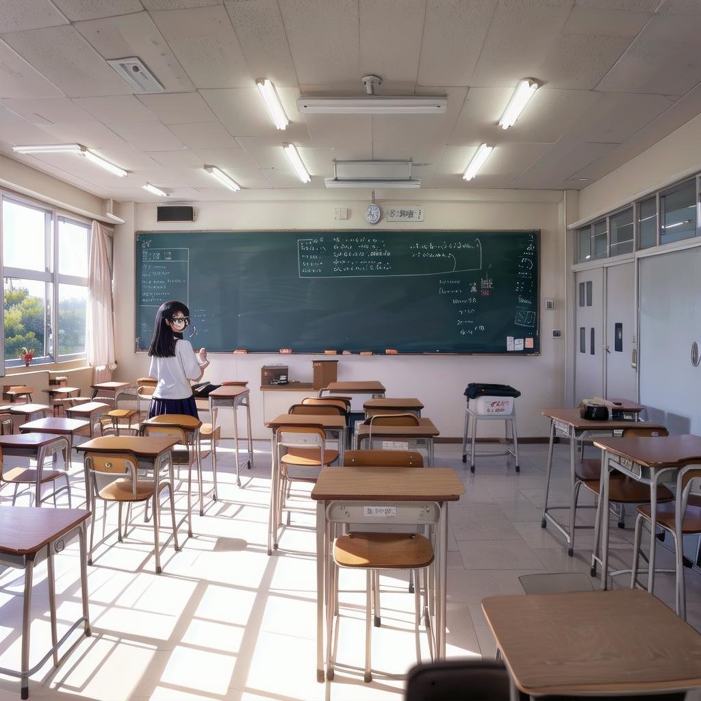 best quality, ultra-detailed, illustration,kyoshitsu, classroom, scenery, chalkboard, window, school, indoors, clock, sunlight, school desk, bulletin board, shade, curtains, school chair, ceiling light, shadow, artist name, book, ceiling, day, paper, from behind,1girl, glasses, black hair, long hair, black eyes, school uniform, blush, looking at viewer, standing, <lora:kyoshitsu_SD15_V3:0.8>