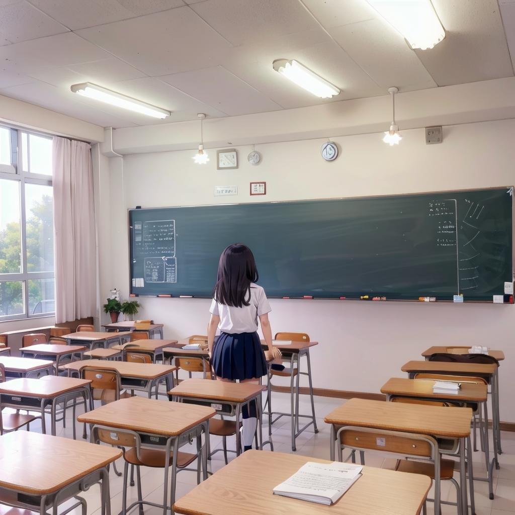 best quality, ultra-detailed, illustration,kyoshitsu, classroom, scenery, chalkboard, window, school, indoors, clock, sunlight, school desk, bulletin board, shade, curtains, school chair, ceiling light, shadow, artist name, book, ceiling, day, paper, from behind,1girl, glasses, black hair, long hair, black eyes, school uniform, blush, looking at viewer, standing, <lora:kyoshitsu_SD15_V3:0.8>