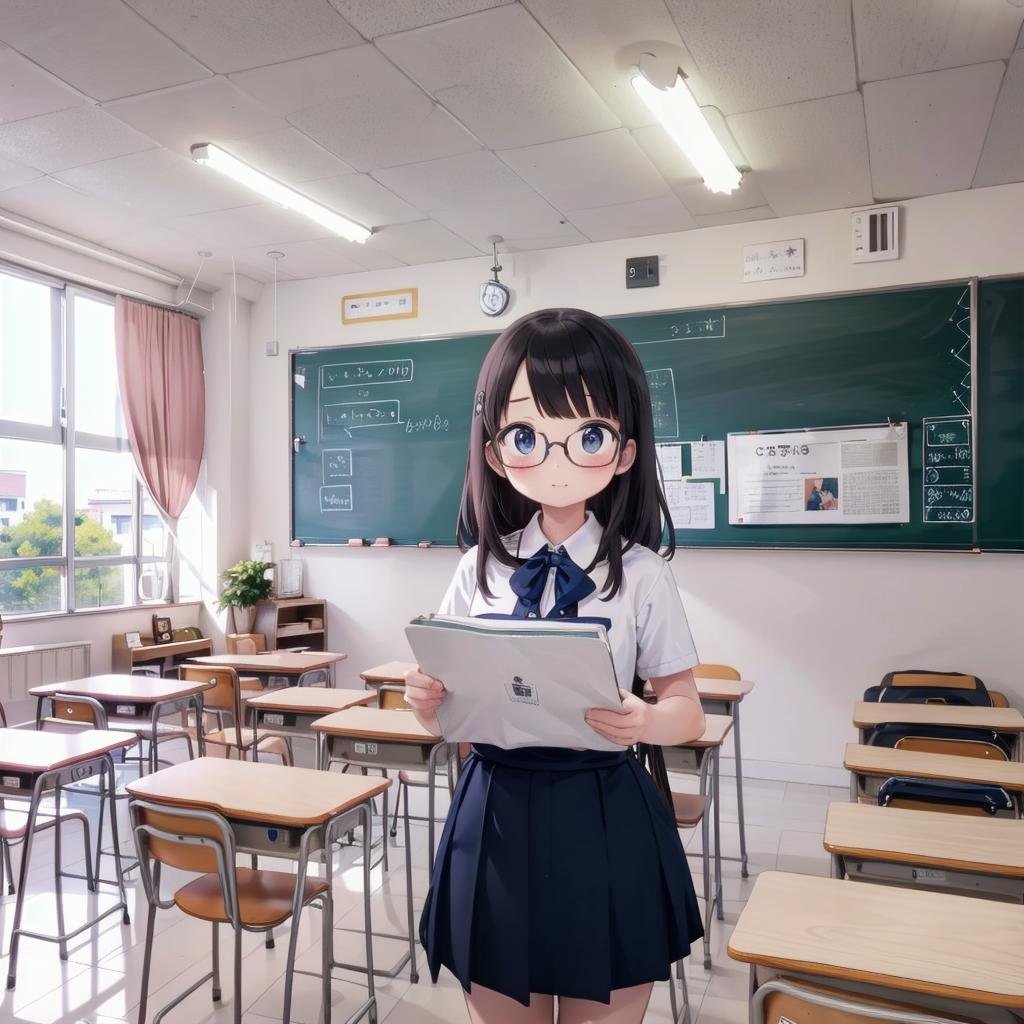 best quality, ultra-detailed, illustration,,1girl, glasses, black hair, long hair, black eyes, school uniform, blush, looking at viewer, standing,kyoshitsu, classroom, scenery, chalkboard, window, school, indoors, clock, sunlight, school desk, bulletin board, shade, curtains, school chair, ceiling light, shadow, artist name, book, ceiling, day, paper,  <lora:kyoshitsu_SD15_V3:0.8>