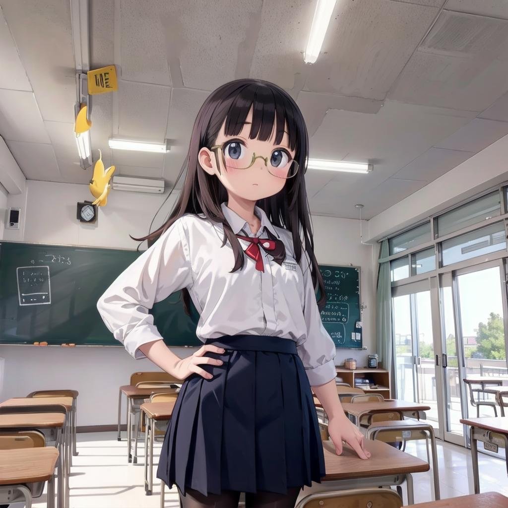 best quality, ultra-detailed, illustration,,1girl, glasses, black hair, long hair, black eyes, school uniform, blush, looking at viewer, standing,kyoshitsu, classroom, scenery, chalkboard, window, school, indoors, clock, sunlight, school desk, bulletin board, shade, curtains, school chair, ceiling light, shadow, artist name, book, ceiling, day, paper,  <lora:kyoshitsu_SD15_V3:0.8>