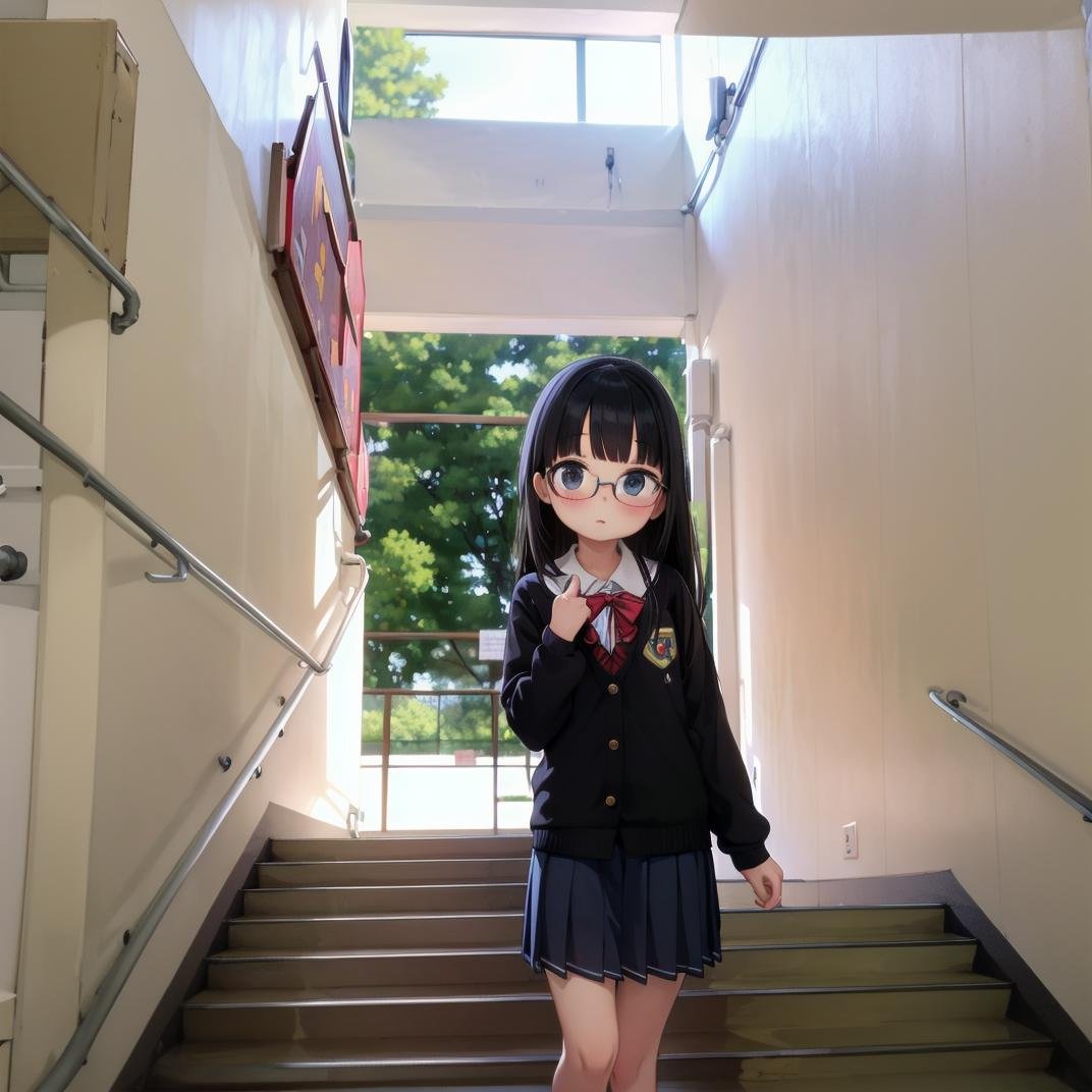 best quality, ultra-detailed, illustration,kaidan, stairs, scenery, window, railing, industrial pipe, door, day, indoors, sunlight, shadow, school, outdoors, hallway,1girl, glasses, black hair, long hair, black eyes, school uniform, blush, looking at viewer, standing,<lora:Kaidan_school_SD15_V4:1>