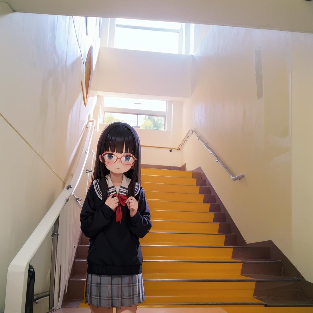 best quality, ultra-detailed, illustration,kaidan, stairs, scenery, window, railing, industrial pipe, door, day, indoors, sunlight, shadow, school, outdoors, hallway, 1girl, glasses, black hair, long hair, black eyes, school uniform, blush, looking at viewer, standing, <lora:Kaidan_school_SD15_V4:1>