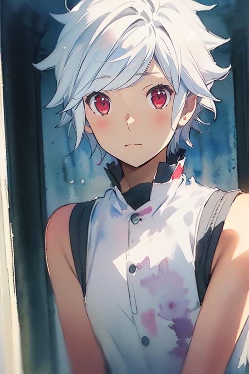 (best quality:1.1), (masterpiece:1.4), sketch, 1boy, solo, male focus, looking at viewer, , depth of field, (watercolor illustration, soft pastel colors:1.1), , <lora:bell_cranel:1>, bell_cranel, white hair, red eyes, sleeveless shirt, , fairytale,