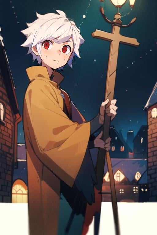 (best quality:1.1), (masterpiece:1.4), wallpaper, 1boy, solo, male focus, looking at viewer, , , , , <lora:bell_cranel:0.8>, bell_cranel, white hair, red eyes, deer costume, medieval village, High resolution