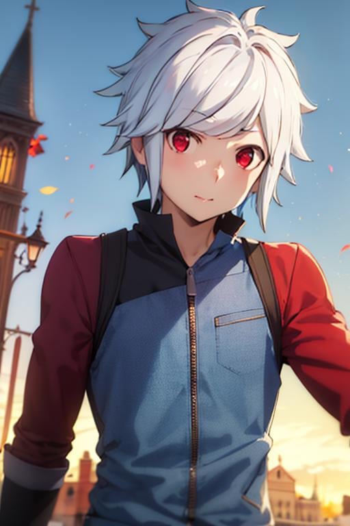 (best quality:1.1), (masterpiece:1.4), wallpaper, 1boy, solo, male focus, , upper body, depth of field, , , <lora:bell_cranel:0.94>, bell_cranel, white hair, red eyes, denim jacket, , The Tower of Destiny, 8k resolution