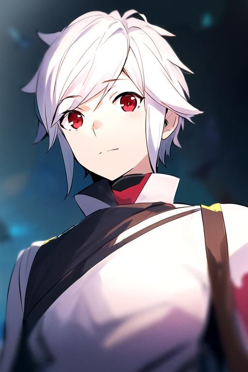 (best quality:1.1), (masterpiece:1.4), wallpaper, 1boy, solo, male focus, looking at viewer, upper body, depth of field, anime coloring, realistic, <lora:bell_cranel:0.74>, bell_cranel, white hair, red eyes, clown costume, Mordor: A dark and evil land ruled by the dark lord Sauron, High resolution