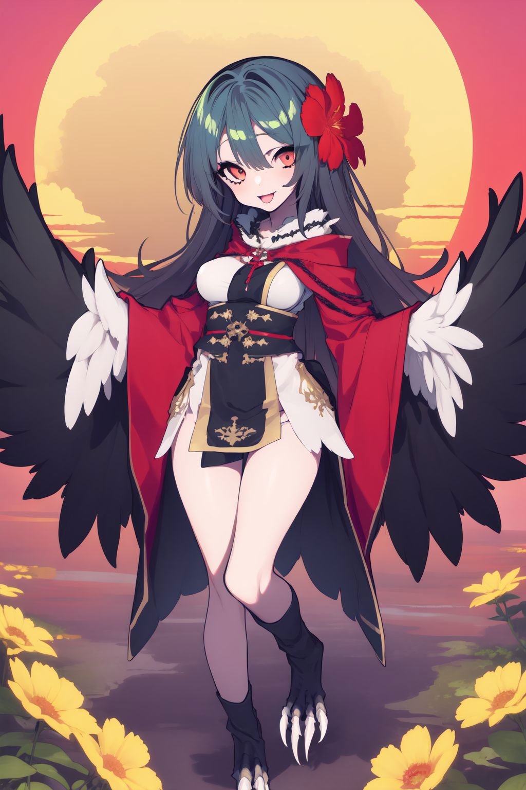 harpycpt, winged arms, harpy, bird legs, feather tail, talons, (solo, 1girl:1.1), :p, medium breasts, surcoat, Tailflowers \(flower\), sunset <lora:harpy_cpt_v01:1>  <lora:mochizuki_kei_style_v01:1>