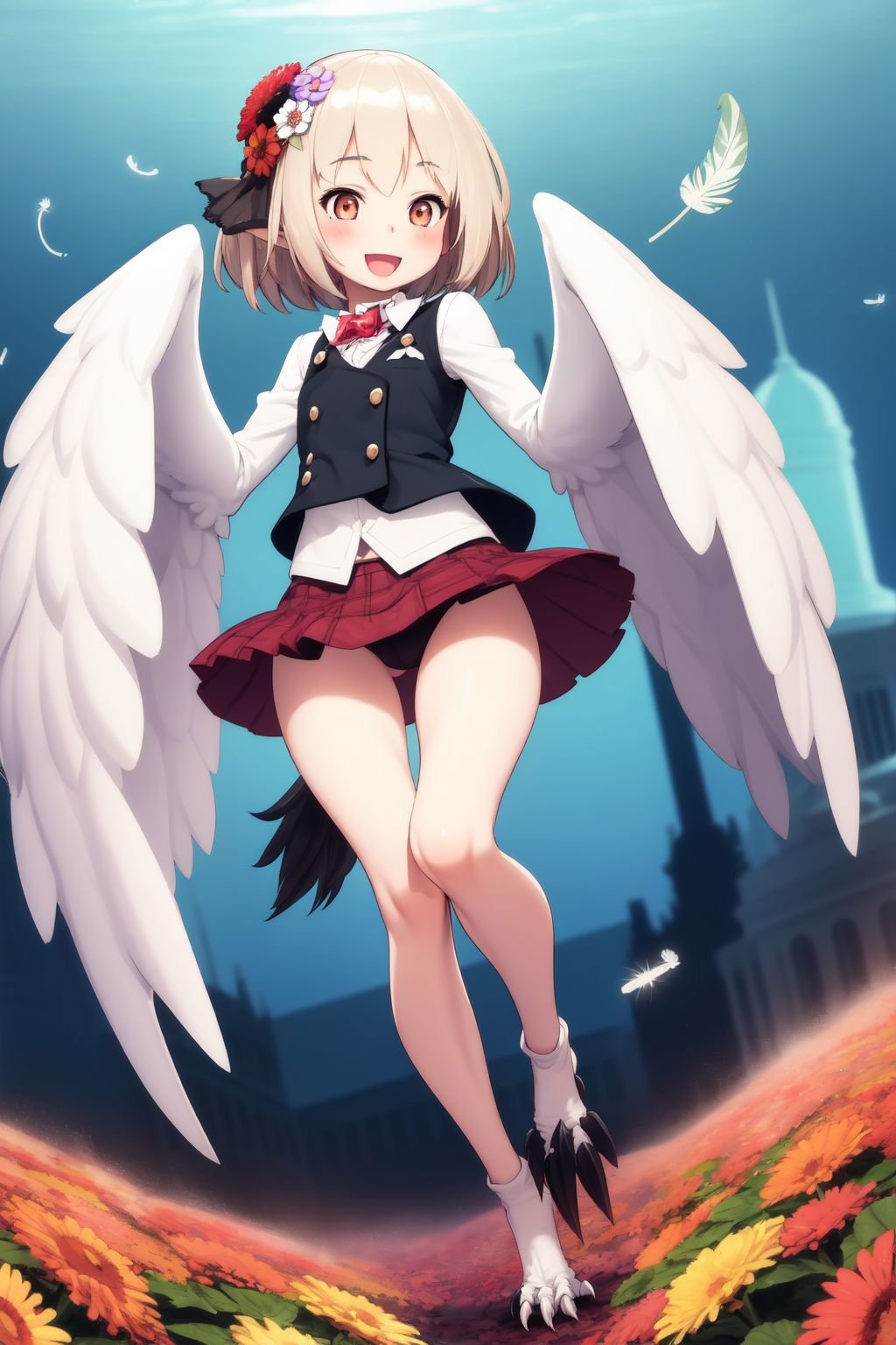 harpycpt, winged arms, harpy, bird legs, feather tail, talons, (solo, 1girl:1.1), :D, flat chest, waistcoat, Gerbera \(flower\), capitol building <lora:harpy_cpt_v01:1>  <lora:Shinonome_Taro_style_v01:1>