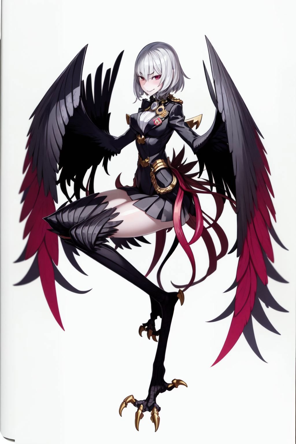 harpycpt, winged arms, bird legs, talons, feather tails, harpy, (solo, 1girl:1.1), evil smile, medium breasts, tailcoat, Amaryllis \(flower\), fall <lora:harpy_cpt_v01:1>  <lora:honjou_raita_style_v01:1>