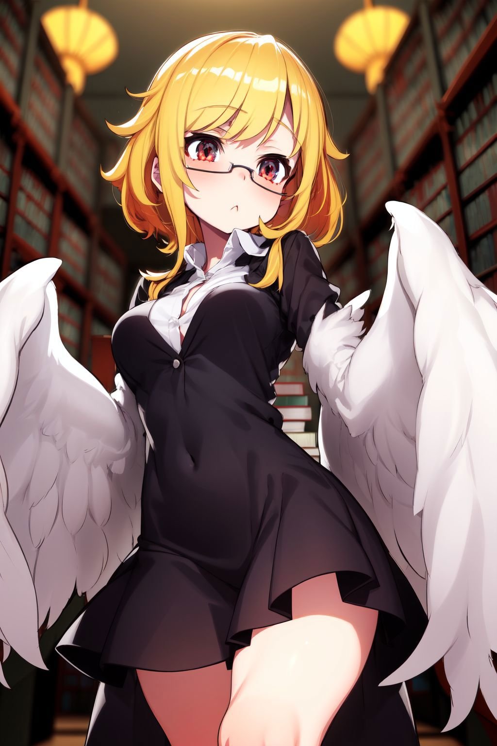 harpycpt, winged arms, bird legs, talons, feather tails, harpy, (solo, 1girl:1.1), ;<, large breasts, collared shirt, Strawflower \(flower\), haunted library <lora:harpy_cpt_v01:1>  <lora:mika_pikazo_style_v01.07:1>