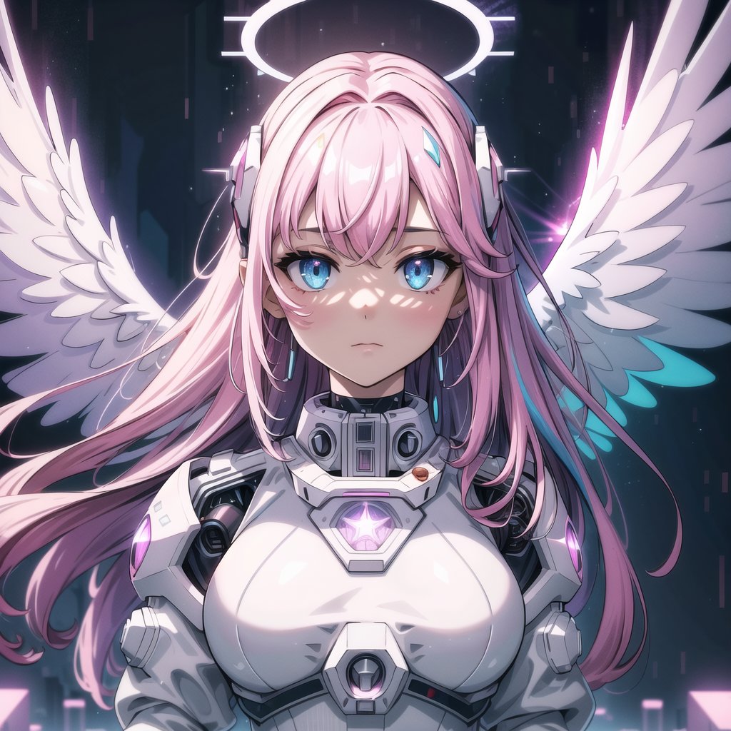 ((masterpiece, best quality, extremely detailed), volumetric lighting, ambient occlusion, colorful, glowing),

1girl, pink hair, long hair, halo, aura, sacred, godness, cyber suit, (white outfit:1.3), android, bot, angel wings,
outdoors, night, sky, clouds, moon, stars,
(cyberpunk theme), (Cyborg theme),
 
close up, upper body,