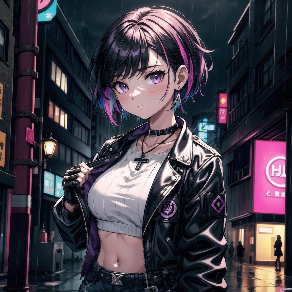 ((masterpiece, best quality, extremely detailed), volumetric lighting, ambient occlusion, colorful, glowing),

1girl, (asian girl), short hair, black hair, cross earrings, purple pop jacket, pink top, exposed waist, black jeans, black boots, gloves without fingers,
outdoors, night, rain, city, (antique buildings), 
(punk), (dystopian city),
 
close up, upper body,