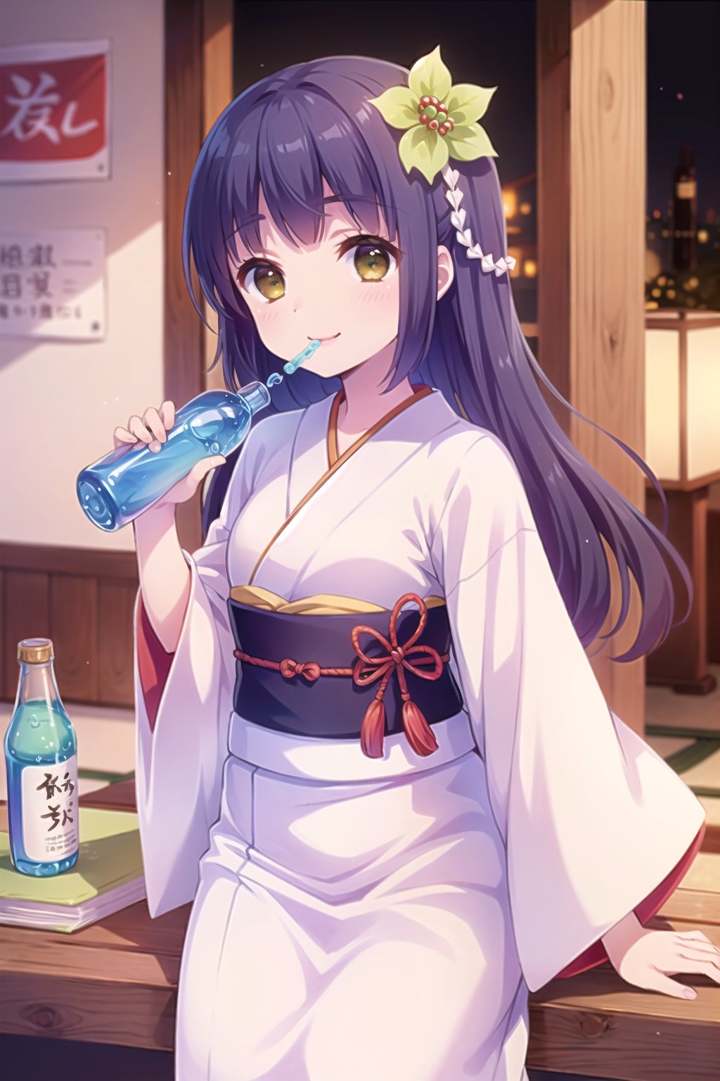 (Best Picture Quality, High Quality, Best Picture Score: 1.3), , Perfect Beauty Score: 1.5,long hair, (Japanese Clothes), One Person, (Cute Outfit), Red Hairpiece, Beautiful Girl, Cute, (Drinking Ramune from a Bottle), Fashionable Coffee Shop, Great Smile,. 