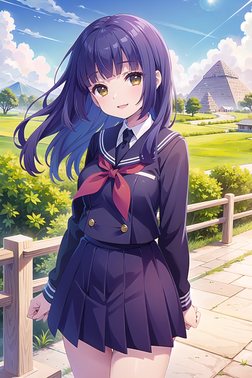 (masterpiece, Best  Quality,  High Quality,  Best Picture Quality Score: 1.3),  (Sharp Picture Quality),  Perfect Beauty: 1.5,Dark blue hair,long hair,  (Japanese School Uniform),  One,  (Cute School Uniform),  Beautiful Girl,Cute,mini Skirt, Very Beautiful View,Navy blue pleated skirt ,Fluttering Skirt, (Most fantastic view),Woman standing on a hill with a view of the pyramids,best smile,