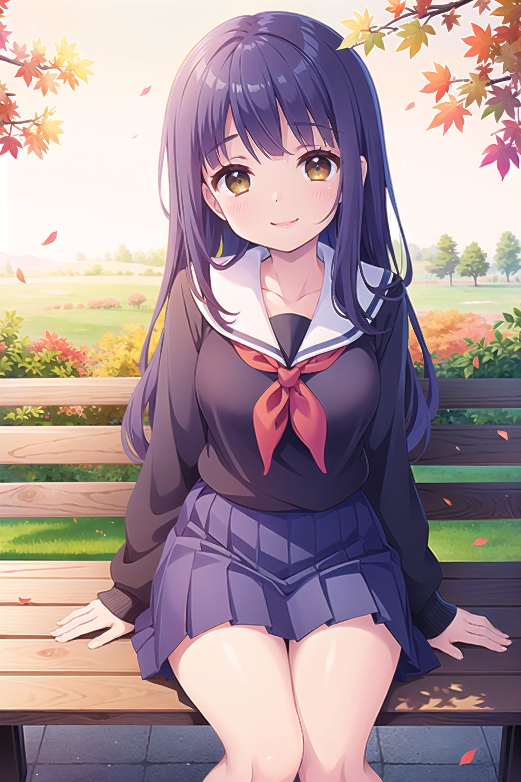 (masterpiece, Best  Quality,  High Quality,  Best Picture Quality Score: 1.3),  (Sharp Picture Quality),  Perfect Beauty: 1.5,Dark blue hair,long hair,  (Japanese School Uniform),  One,  (Cute School Uniform),  Beautiful Girl,Cute,mini Skirt, Very Beautiful View,white blouse,Navy blue pleated skirt ,Fluttering Skirt, (Most fantastic view),Woman sitting on a bench in autumn,best smile,