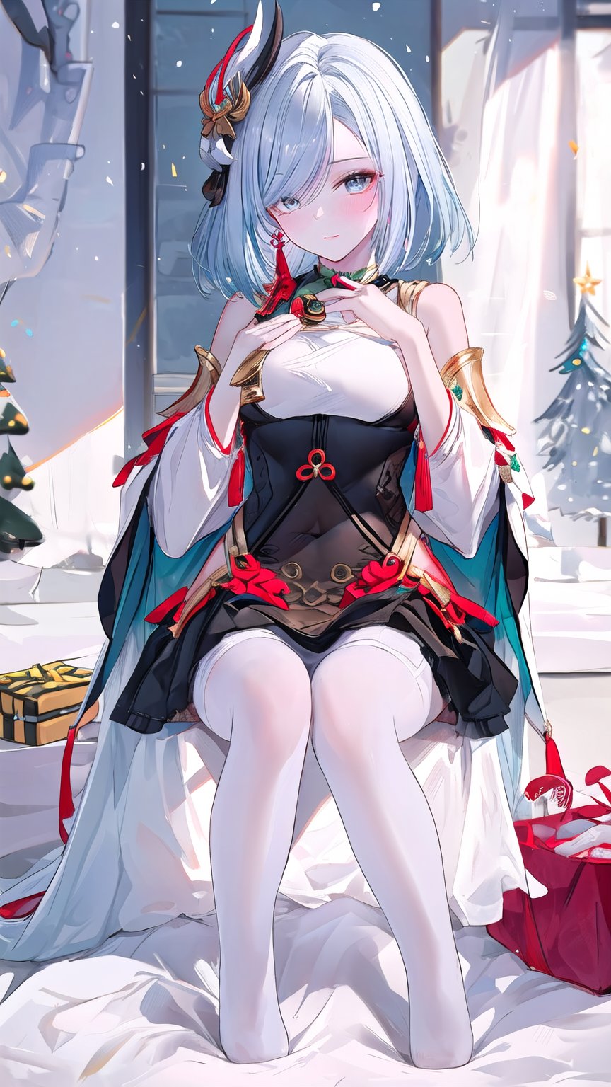  1 girl, solo, portrait, in Sexy off-the-shoulder Christmas skirt, look at viewer, blue eyes,Cool tone, Professional studio, Behind is the Christmas tree and Christmas presents, short hair, necklace, earings, elegant, , light master

shenhe,shenhe \(genshin impact\), full body, silver long hair, hair ornament, 2girls, haoche, shenhe