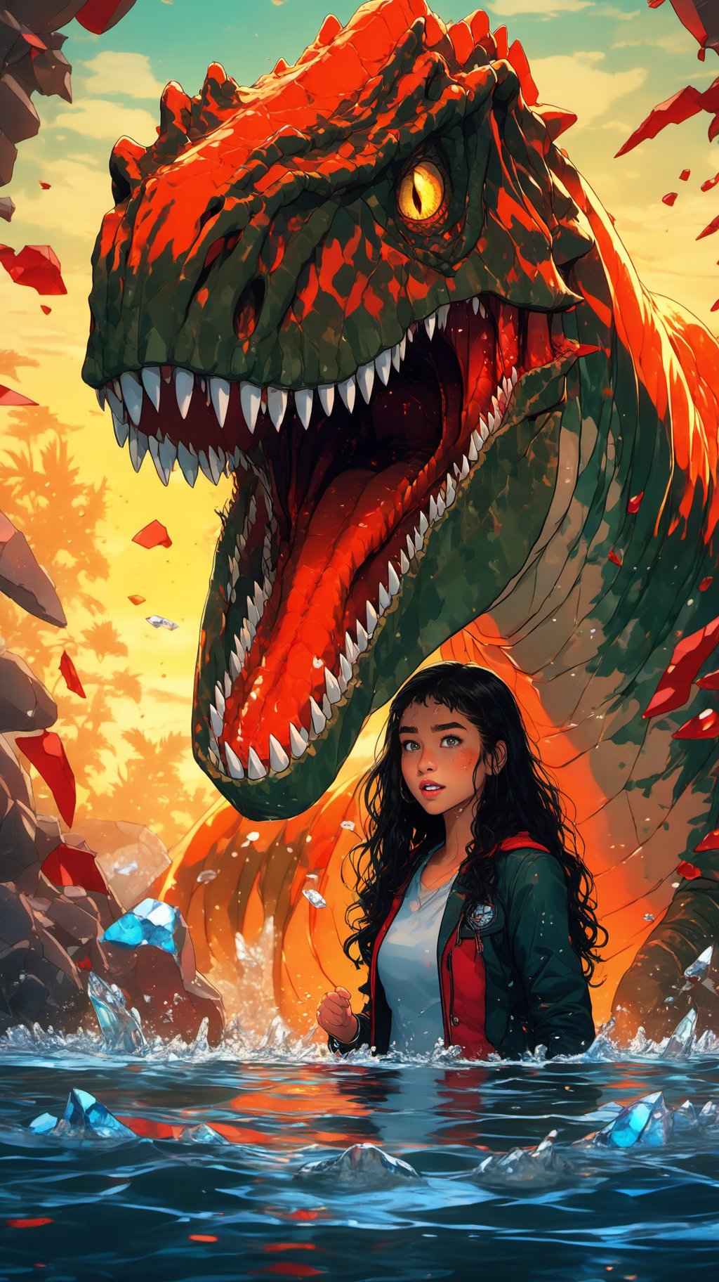 Graffiti style BJ_Sacred_beast_Illustration,T-rex,1girl,solo,long_hair,black_hair,jacket,teeth,water,sharp_teeth,partially_submerged,dragon,photo,8k,intricate,highly detailed,majestic,digital photography,broken glass,(masterpiece, sidelighting, finely detailed beautiful eyes:1.2),hdr,realistic,high definition,<lora:SSDXL_acred_beast_Illustration:0.7>, . Street art, vibrant, urban, detailed, tag, mural