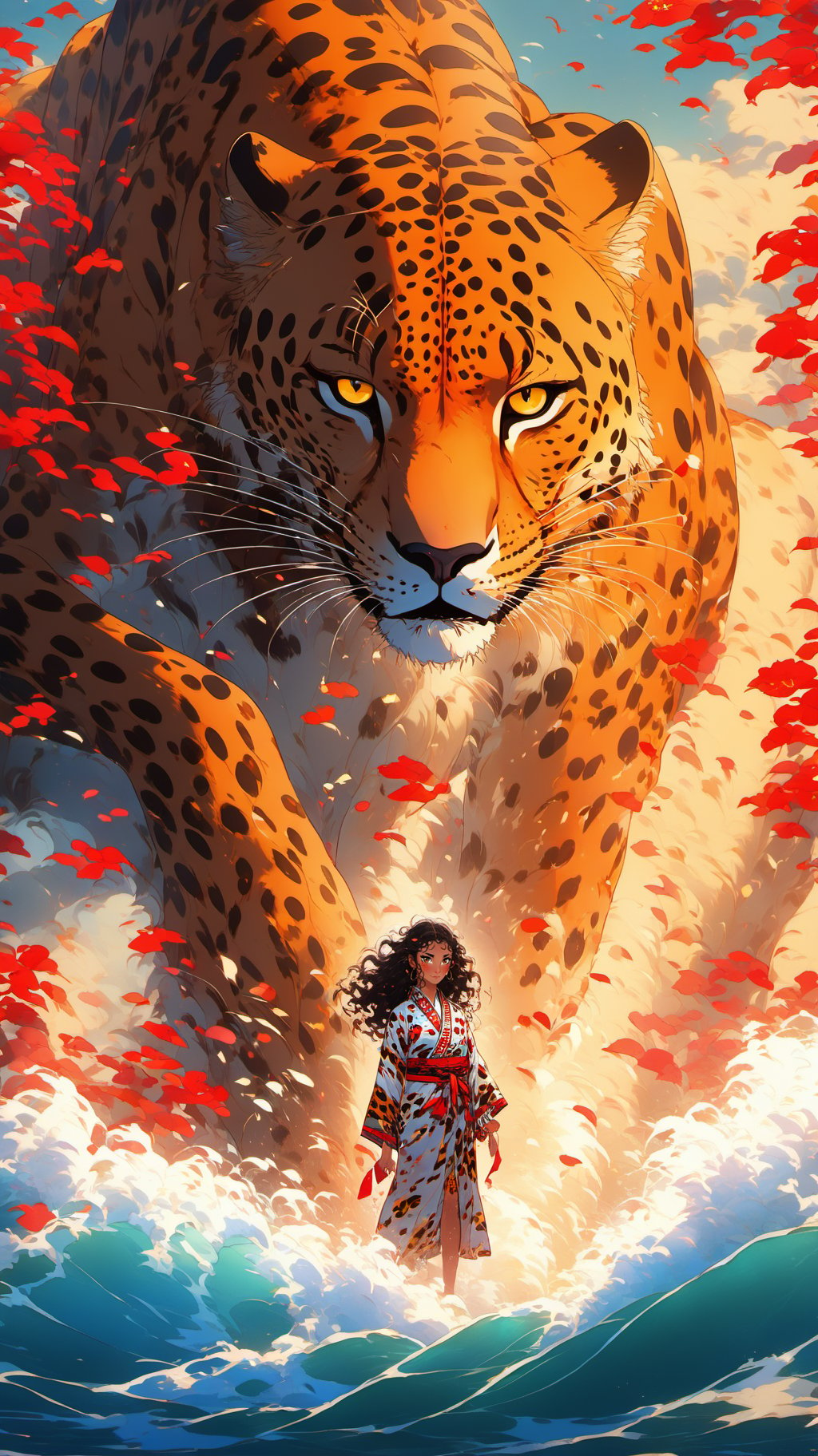 Dreamscape BJ_Sacred_beast_Illustration, cheetah, 1girl, solo, long_hair, looking_at_viewer, black_hair, long_sleeves, standing, yellow_eyes, japanese_clothes, kimono, water, sash, petals, floating_hair, animal, wind, chinese_zodiac, waves, year_of_the_cheetah, oversized_animal,photo,8k,intricate,highly detailed,majestic,digital photography,broken glass,(masterpiece, sidelighting, finely detailed beautiful eyes:1.2),hdr,realistic,high definition,<lora:SSDXL_acred_beast_Illustration:0.7>, . Surreal, ethereal, dreamy, mysterious, fantasy, highly detailed