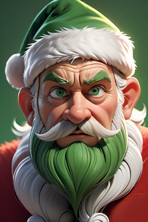 masterpiece, best quality, portrait, surreal, digital painting, HDR, Pixar style, 1man, sinister old man, santa claus ((menacing, evil, dominating)), ((short green hair)), ((green eyes)), Dark Green Skintight Santa Suit, flat chest, Futurism, Tim Burton, sideways glance, foreshortening, extremely detailed 8K, high resolution, ultra quality, highly detail eyes, highly detail mouth, highly detailed face, perfect eyes, both eyes are the same, hd, 8k
