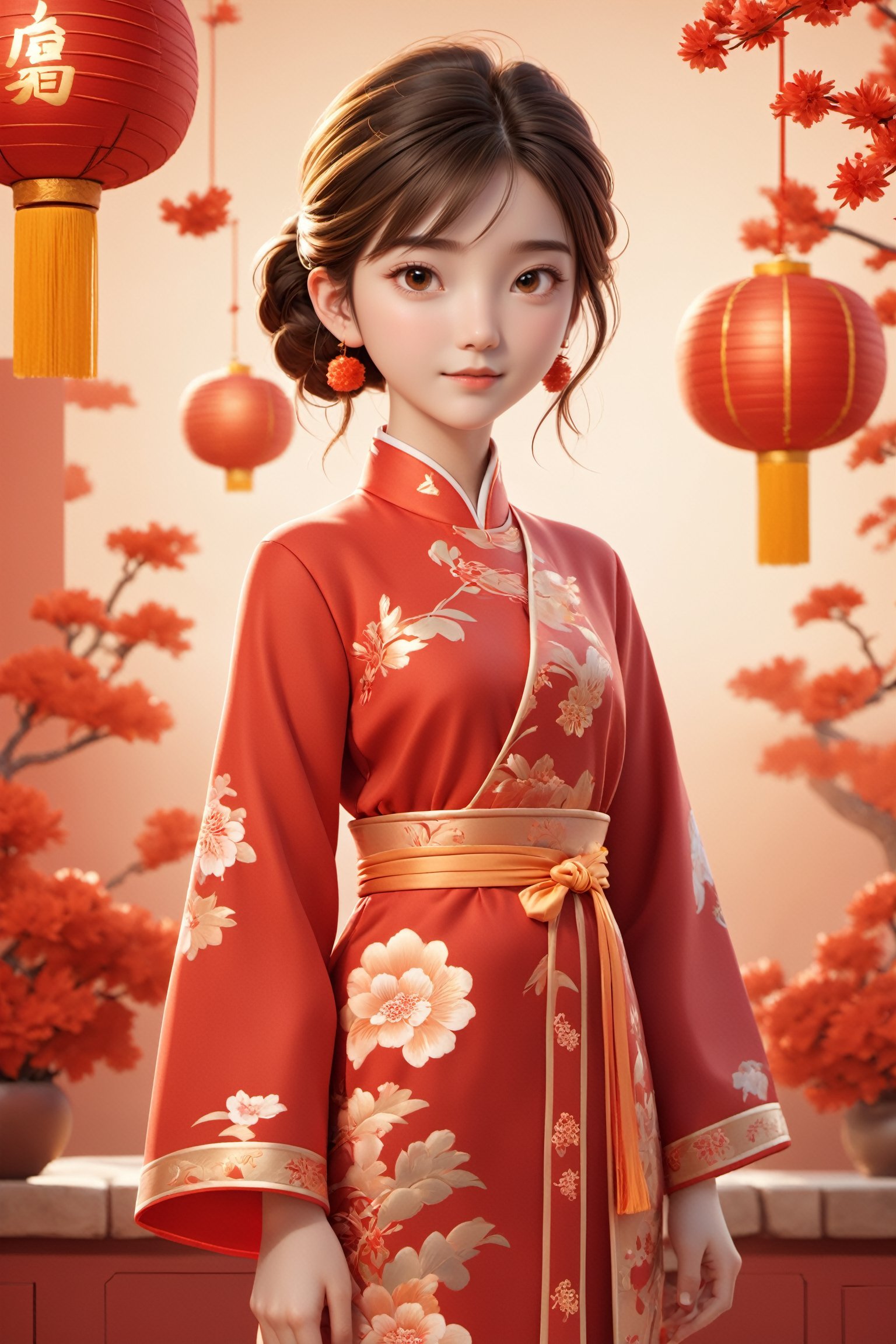  Girl, realistic 3d cartoon style rendering, 18 years old, (whole body :1.5), wearing New Year red Chinese Tang suit, fashionable clothing, New Year background, interactive film style, edge lighting, soft gradient, charming illustration, 3d rendering, OC rendering, best quality, 8K, Super detail, sunlight, realistic