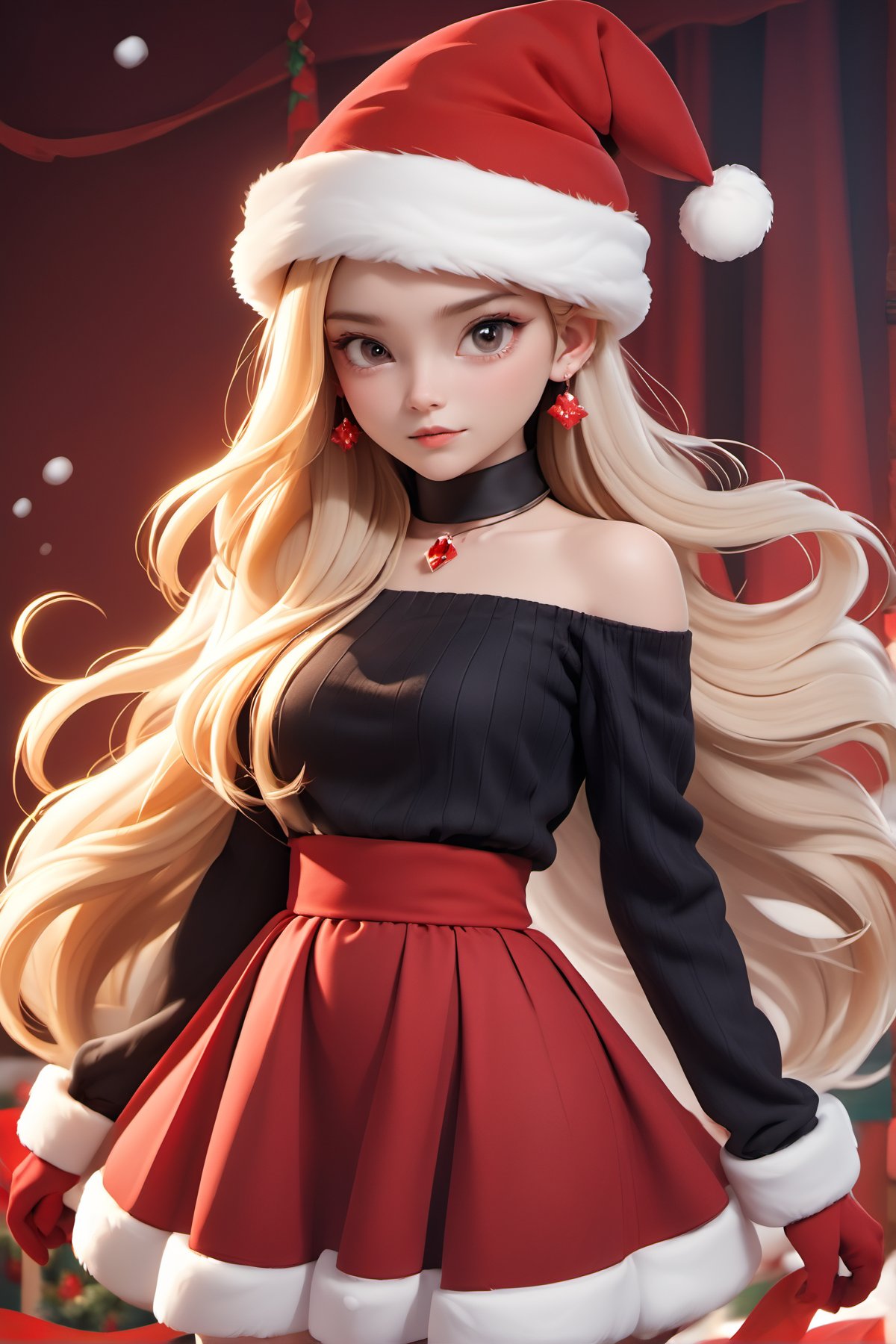  1girl,solo,hat,santa hat,long hair,looking at viewer,blonde hair,santa costume,skirt,choker,christmas,fur trim,jewelry,blurry,earrings,thighhighs,breasts,belt,fur-trimmed headwear,snowflakes,black choker,garter straps,red skirt,long sleeves,snow,red headwear,fur-trimmed sleeves,grey eyes,,圣诞节