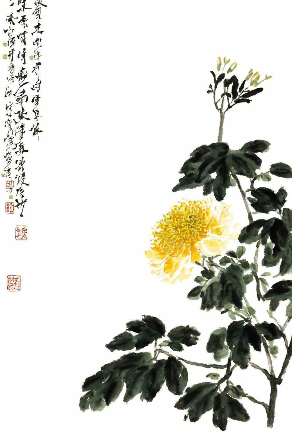 GFSM,  no humans,  leaf,  plant,  flower,  white background,  painting \(medium\),  simple background,  watercolor \(medium\),  yellow flower,  seal, chinese text,<lora:EMS-194010-EMS:1.000000>