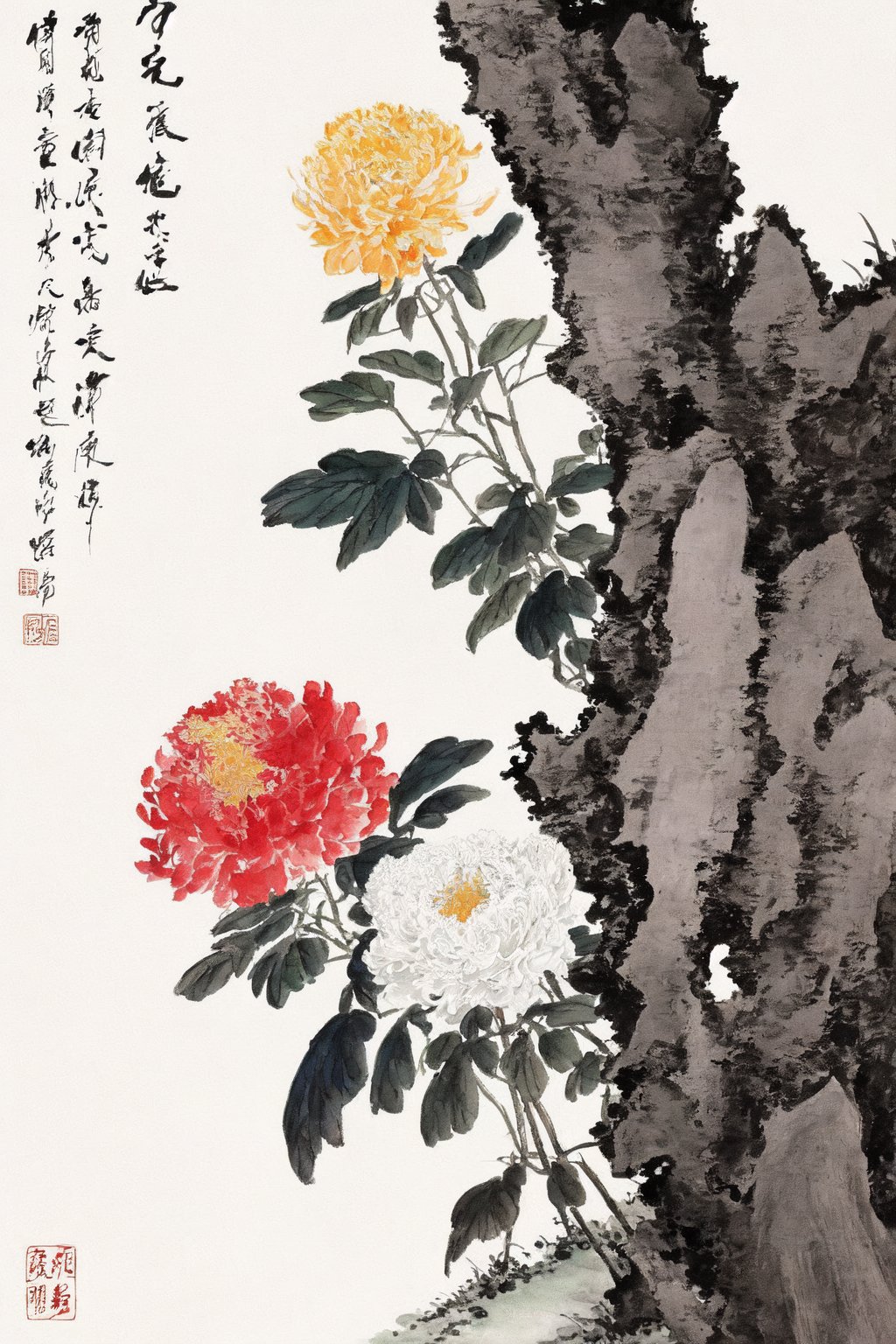 GFSM,  flower,  no humans,  leaf,  plant,  white flower,  traditional media,  painting \(medium\),  watercolor \(medium\),  simple background,  red flower,  tree,  chinese text,  seal,<lora:EMS-194010-EMS:1.000000>