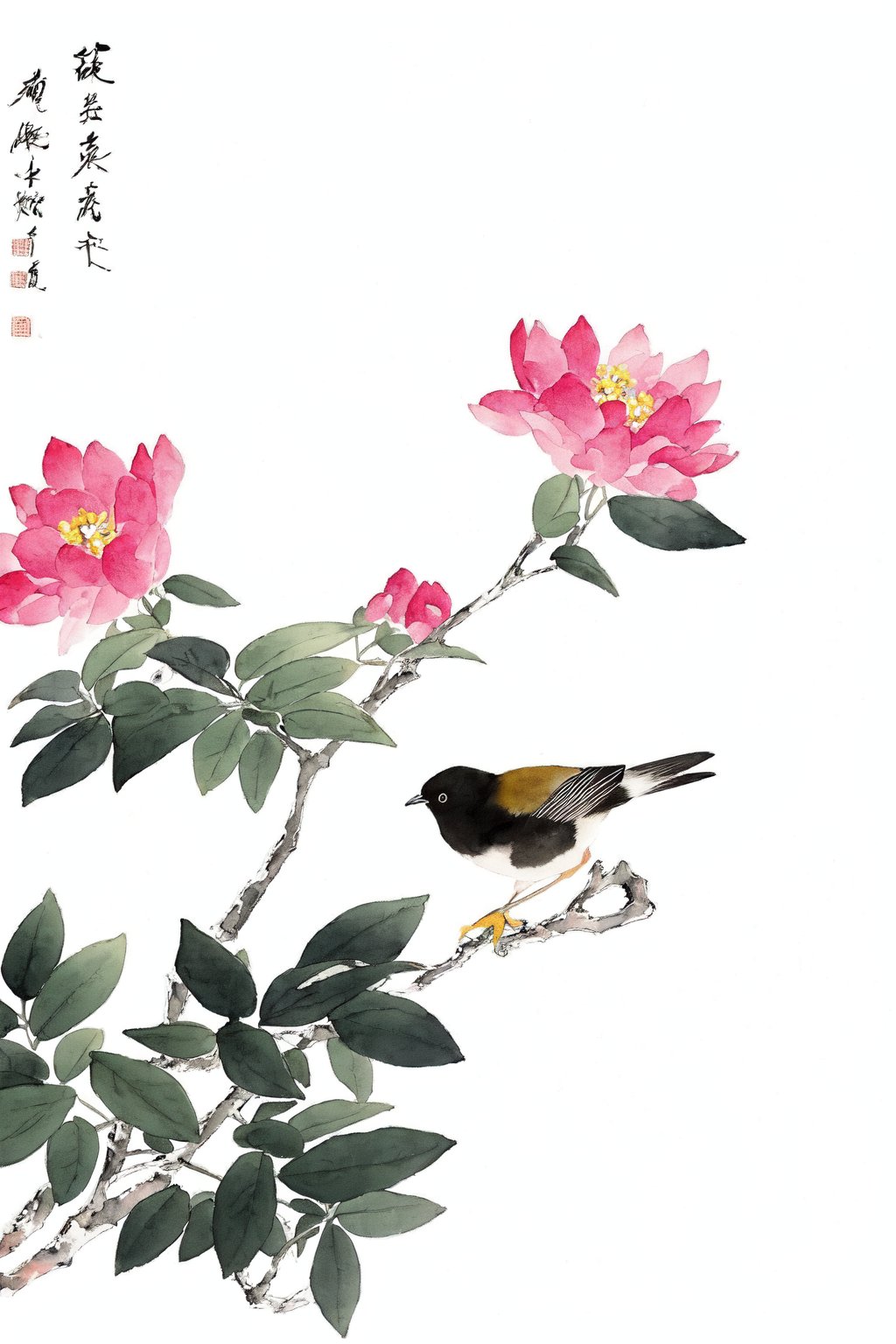 GFSM,  no humans,  traditional media,  flower,  bird,  painting \(medium\),  white background,  simple background,  watercolor \(medium\),  leaf,  plant,  branch,  white flower,  rock,  pink flower,  red flower,  chinese text,  seal,<lora:EMS-194010-EMS:1.000000>