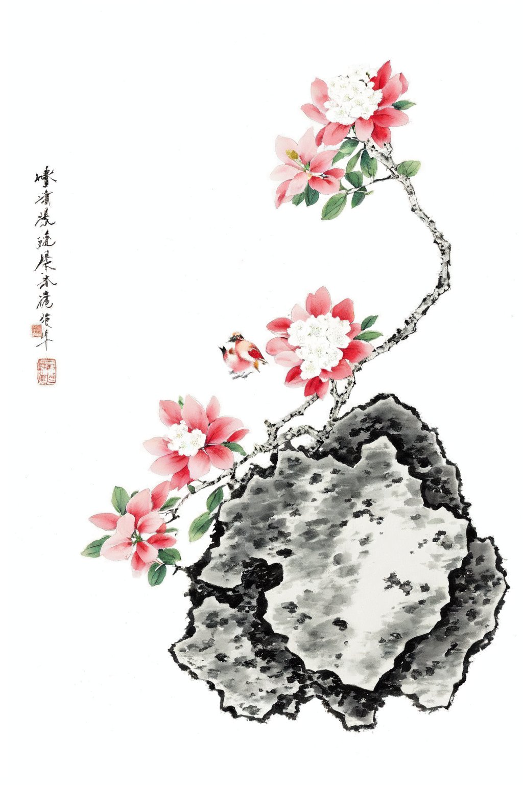 GFSM,  no humans,  traditional media,  flower,  bird,  painting \(medium\),  white background,  simple background,  watercolor \(medium\),  leaf,  plant,  branch,  white flower,  rock,  pink flower,  red flower,  chinese text,  seal,<lora:EMS-194010-EMS:1.000000>