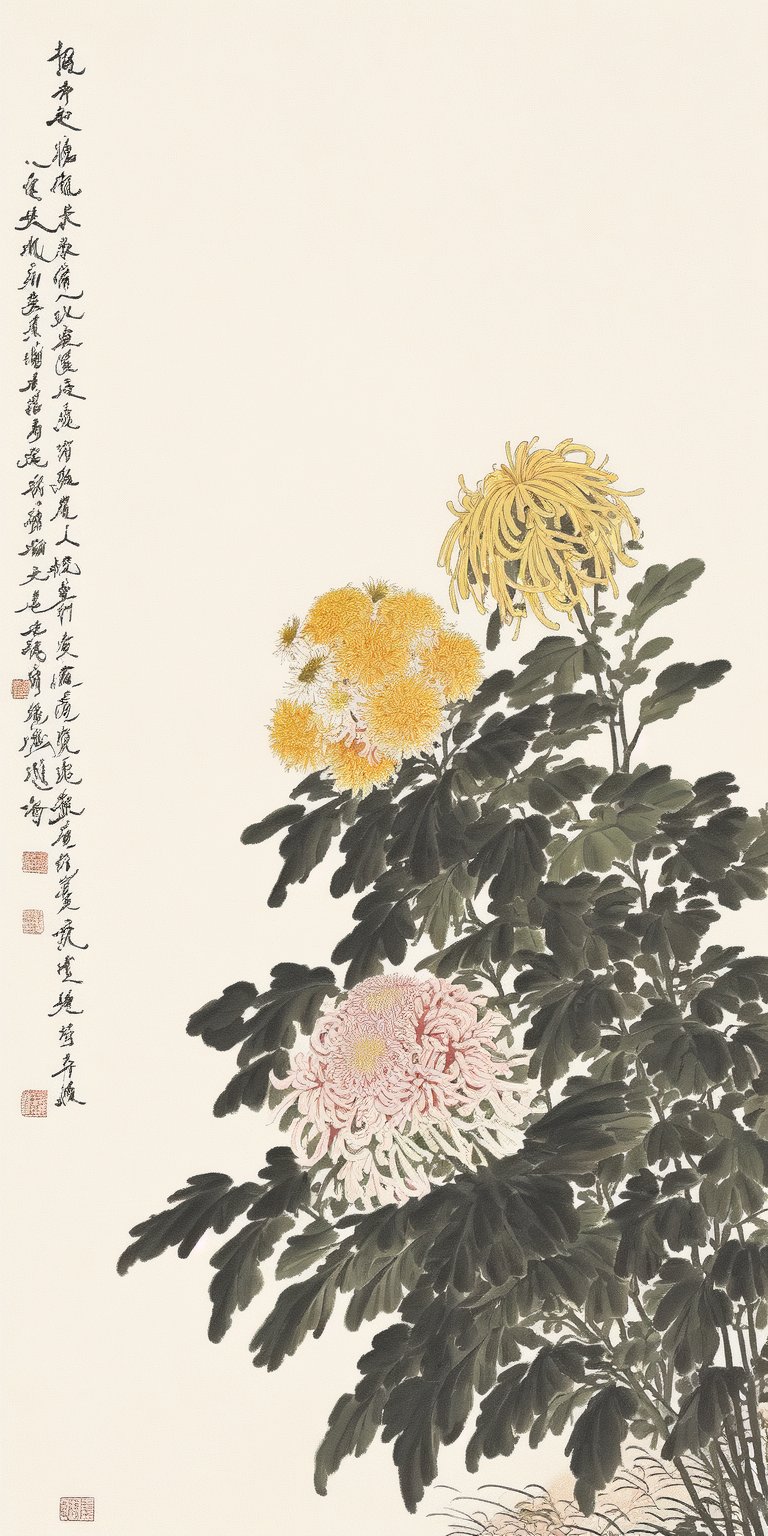 GFSM,  no humans,  flower,  plant,  leaf,  still life,  peony \(flower\),  traditional media,  chinese text,  seal,<lora:EMS-194010-EMS:1.000000>