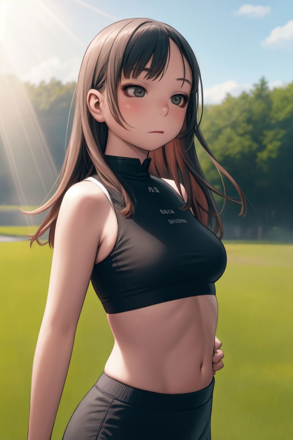 upper body, solo, 1girl, bad, crop top, god rays, outdoors <lora:Range_murata_style_v02:1>