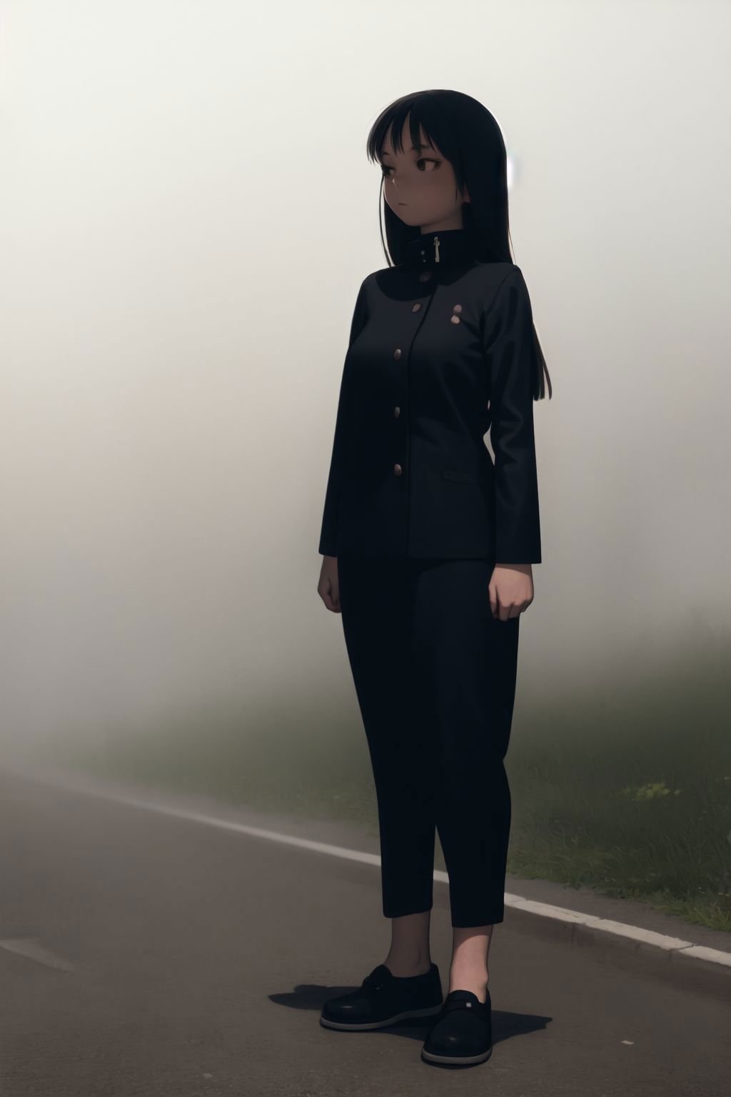 full body, solo, 1girl, neutral, foggy atmosphere, outdoors <lora:Range_murata_style_v02:1>