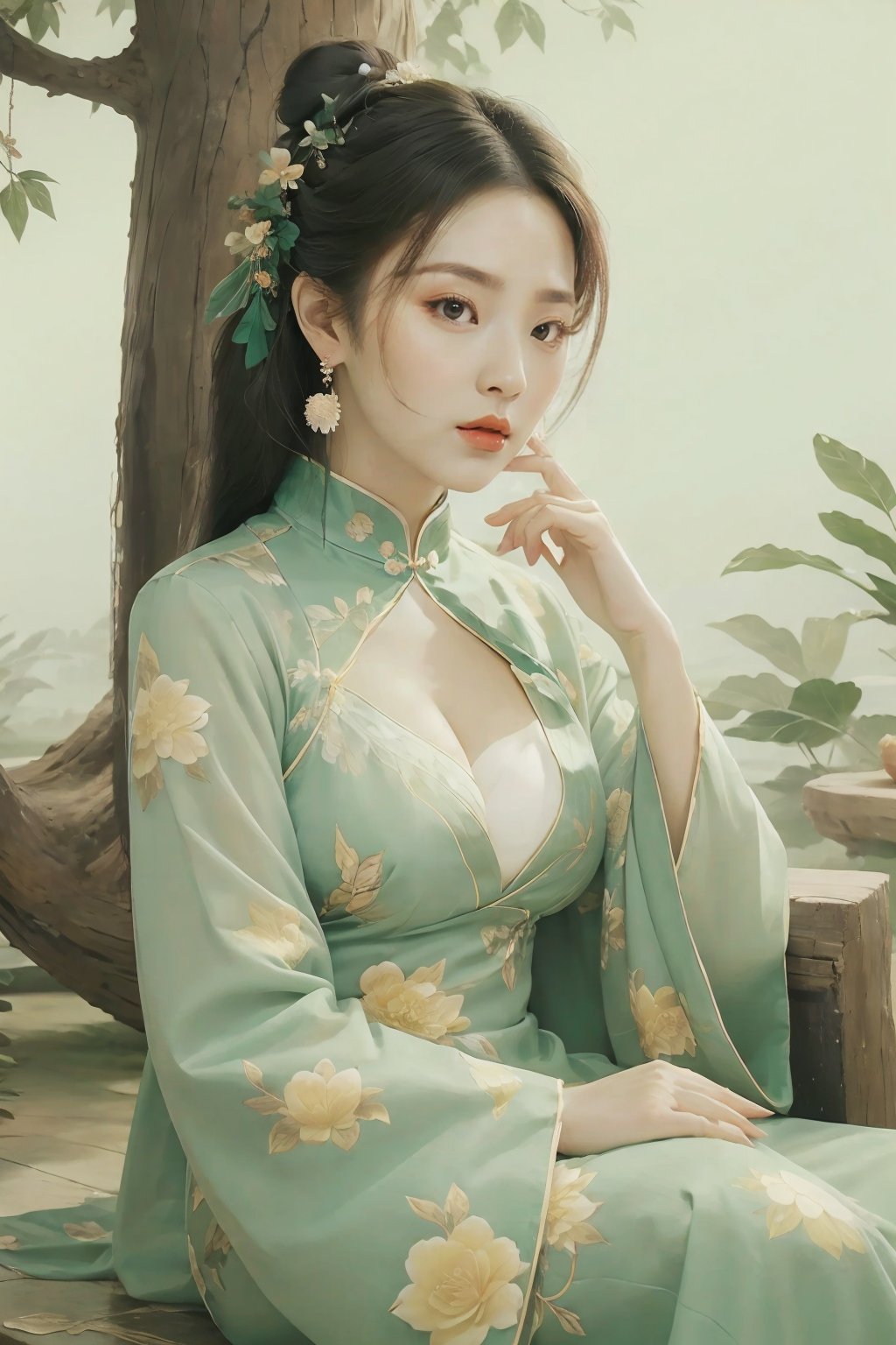  a woman in a green dress sitting on a tree branch with a bird flying over her head and a bird flying over her head,1girl,hanfu,hair ornament,black hair,long sleeves,chinese clothes,shawl,holding,jewelry,solo,long hair,full body,dress,tassel,earrings,tree,forehead mark,wide sleeves,breasts,hair stick,flower,hair bun,green dress,cleavage,bird,closed mouth,norfleet,Best quality,masterpiece,ultra high res, chinese clothes, China dress